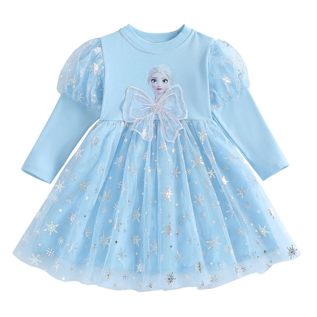 Girl Elsa Princess Dress Bow Belt Frozen Long Sleeved Dress Round Neck Mesh Pleated Skirt Heart Pattern Birthday Gift Design Sense INS Style Sparkling Stars