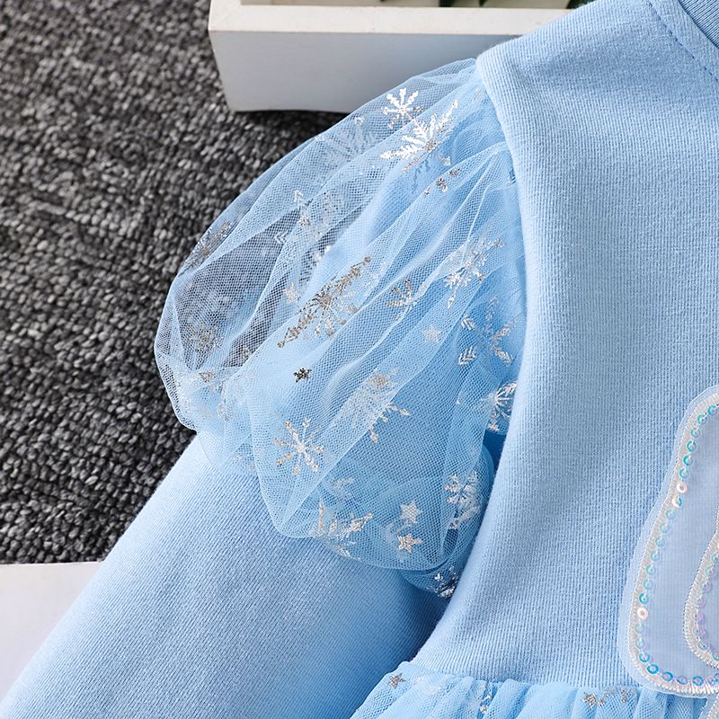 Girl Elsa Princess Dress Bow Belt Frozen Long Sleeved Dress Round Neck Mesh Pleated Skirt Heart Pattern Birthday Gift Design Sense INS Style Sparkling Stars