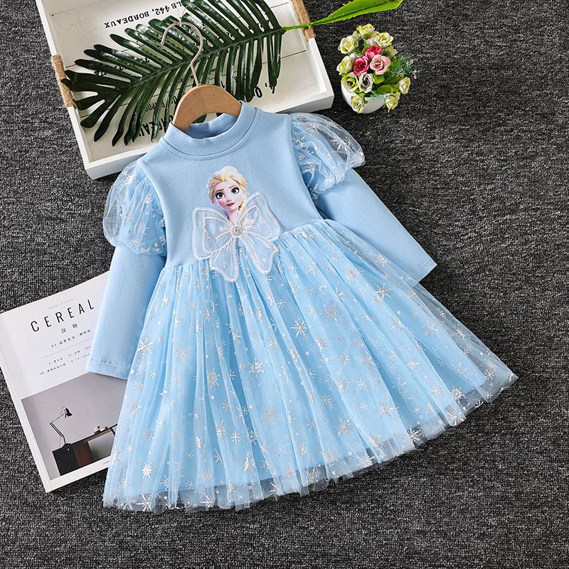Girl Elsa Princess Dress Bow Belt Frozen Long Sleeved Dress Round Neck Mesh Pleated Skirt Heart Pattern Birthday Gift Design Sense INS Style Sparkling Stars