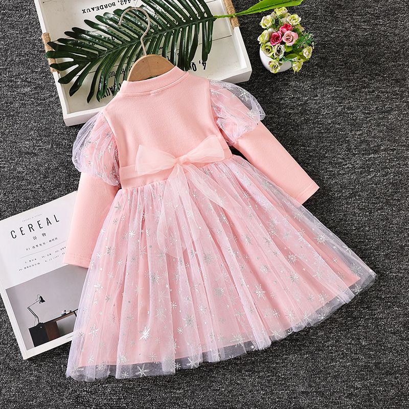 Girl Elsa Princess Dress Bow Belt Frozen Long Sleeved Dress Round Neck Mesh Pleated Skirt Heart Pattern Birthday Gift Design Sense INS Style Sparkling Stars