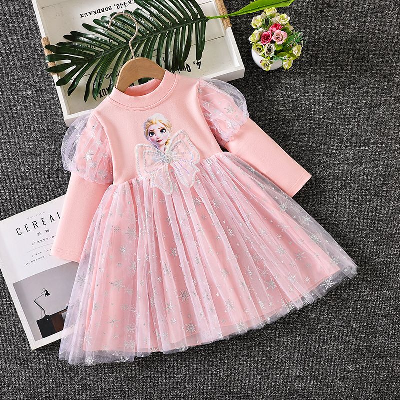 Girl Elsa Princess Dress Bow Belt Frozen Long Sleeved Dress Round Neck Mesh Pleated Skirt Heart Pattern Birthday Gift Design Sense INS Style Sparkling Stars