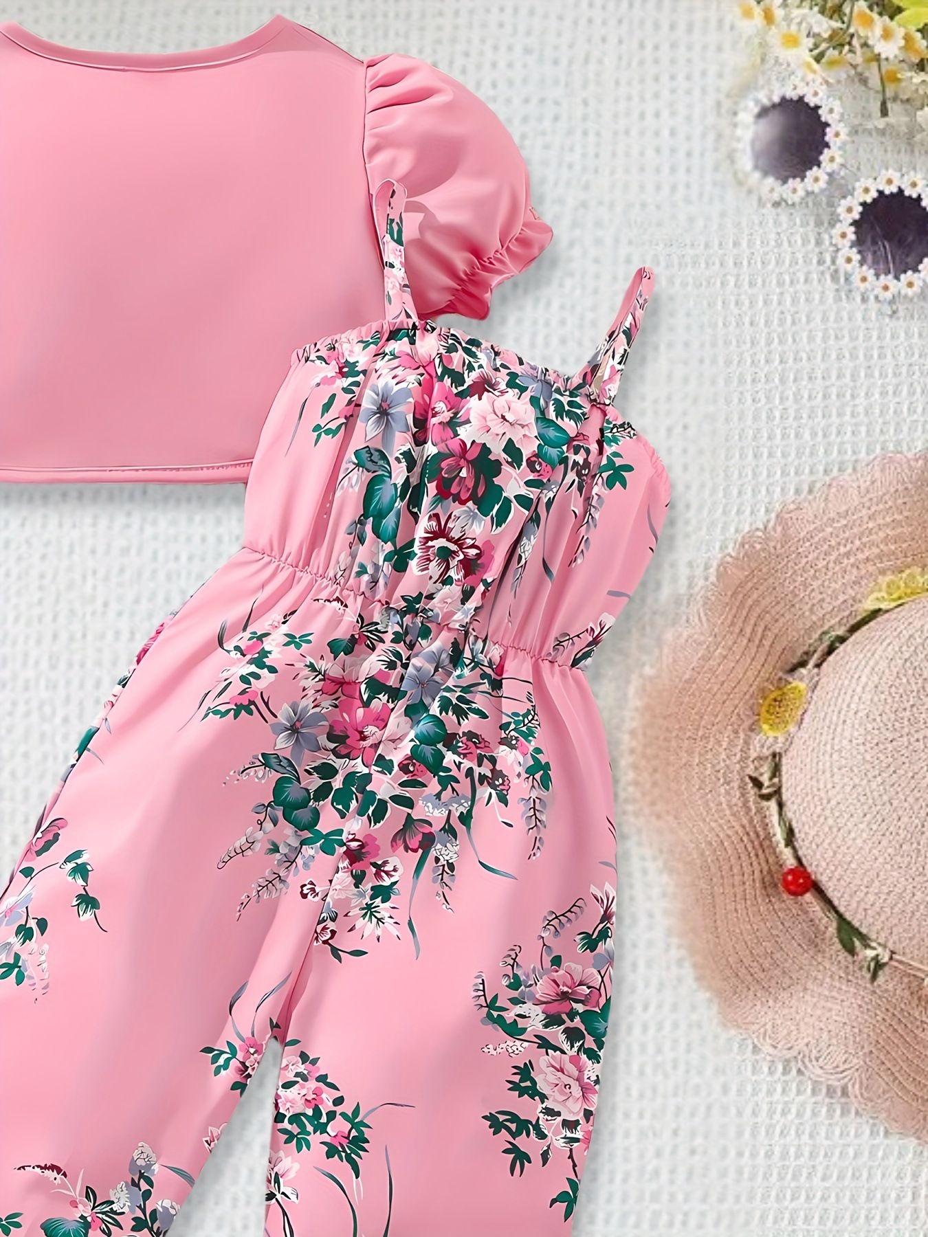 Girls' Set 2-piece Set Round Neck Top Jacket Camisole Pants Floral Print Fashionable Jumpsuit Suitable For Children Aged 1-8 New Design Sense