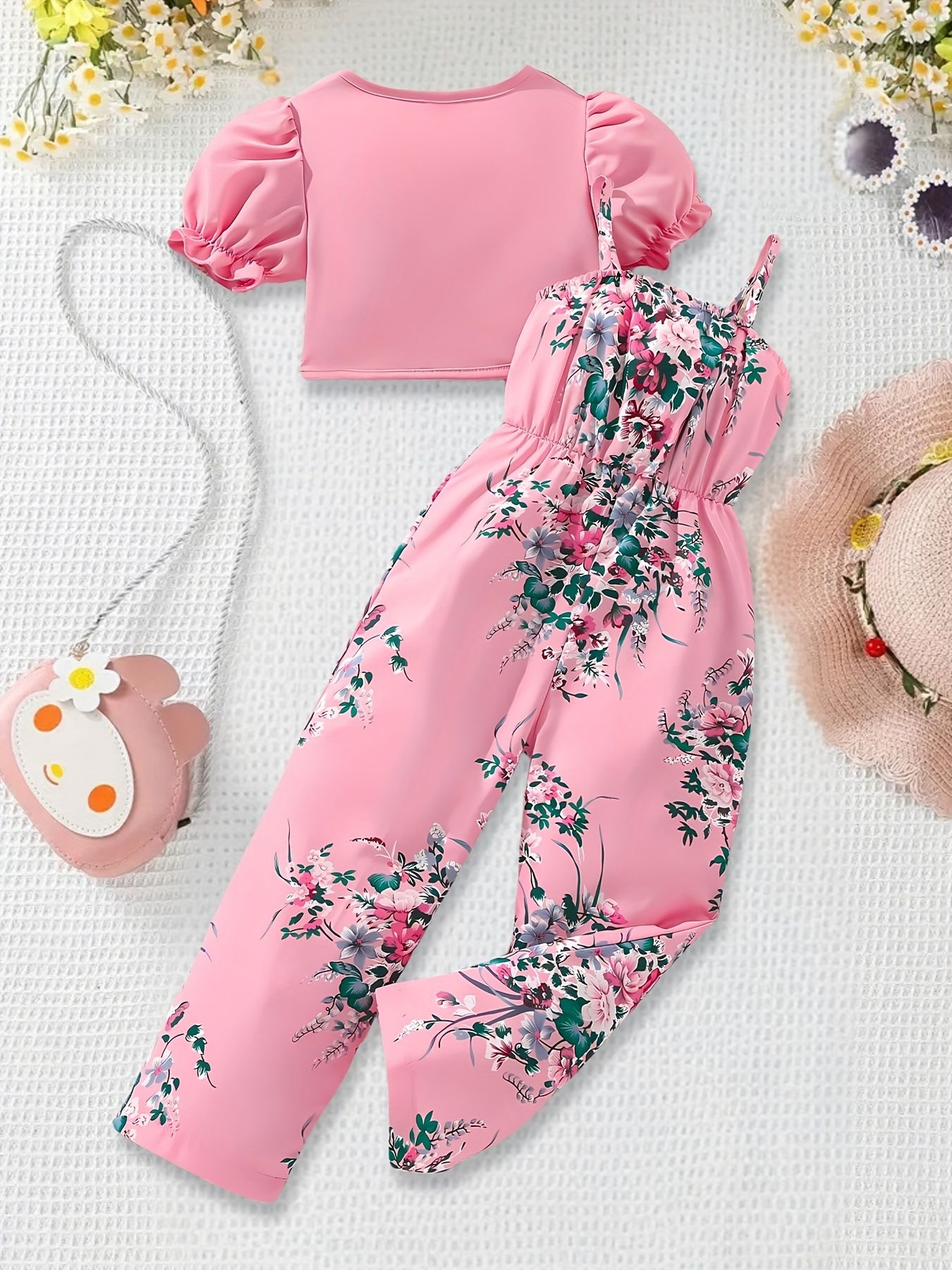 Girls' Set 2-piece Set Round Neck Top Jacket Camisole Pants Floral Print Fashionable Jumpsuit Suitable For Children Aged 1-8 New Design Sense