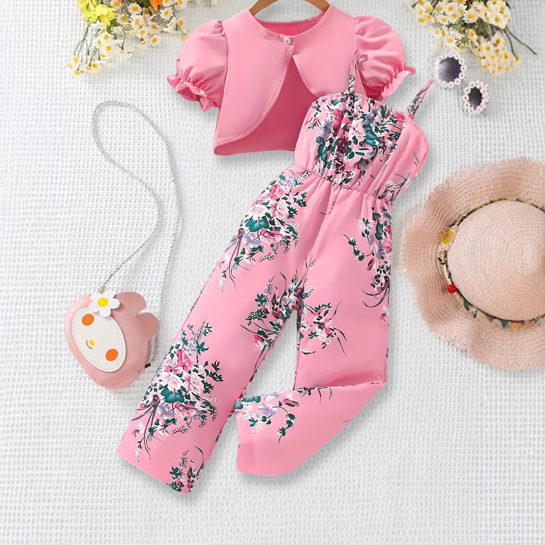 Girls' Set 2-piece Set Round Neck Top Jacket Camisole Pants Floral Print Fashionable Jumpsuit Suitable For Children Aged 1-8 New Design Sense