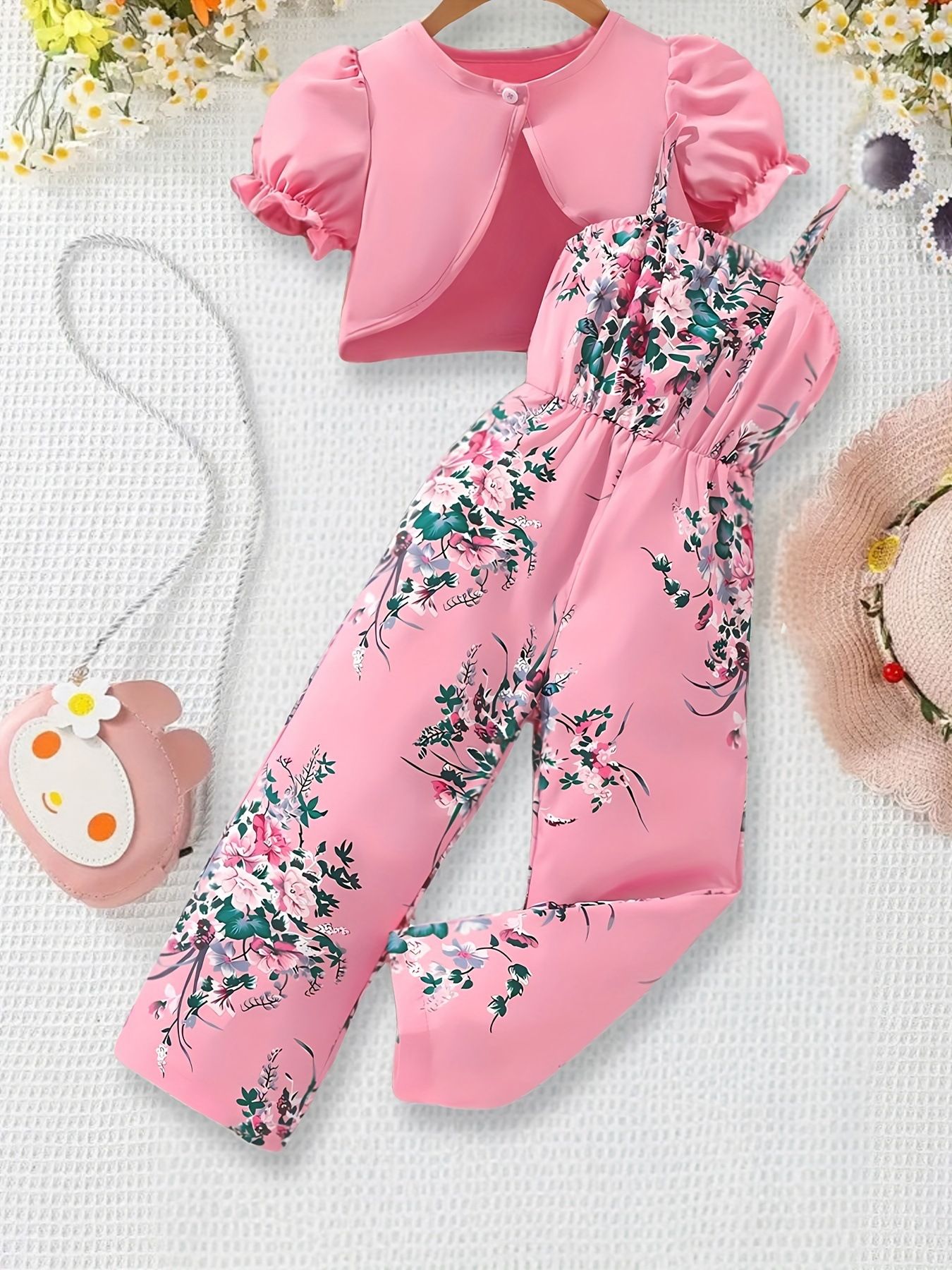 Girls' Set 2-piece Set Round Neck Top Jacket Camisole Pants Floral Print Fashionable Jumpsuit Suitable For Children Aged 1-8 New Design Sense