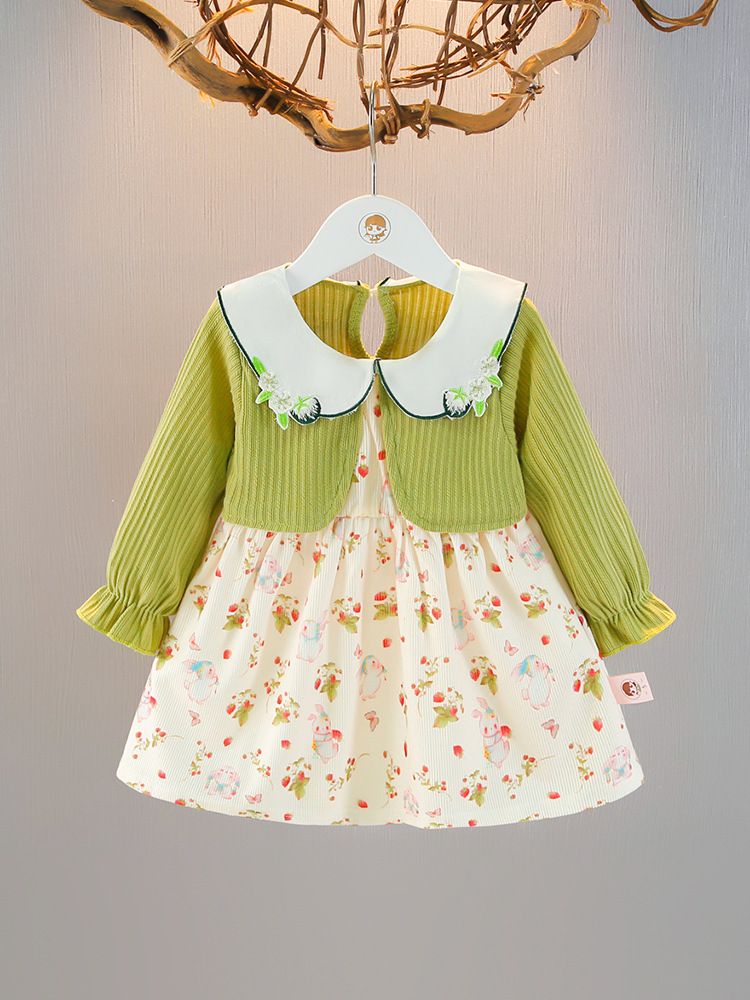 Girls' Set Baby Princess Dress Round Neck Dress Lapel Long Sleeved Top Pleated Skirt Butterfly Print Bow Rabbit Animal Pattern Comfortable And Cute Style