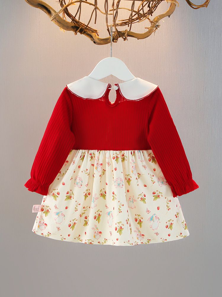 Girls' Set Baby Princess Dress Round Neck Dress Lapel Long Sleeved Top Pleated Skirt Butterfly Print Bow Rabbit Animal Pattern Comfortable And Cute Style