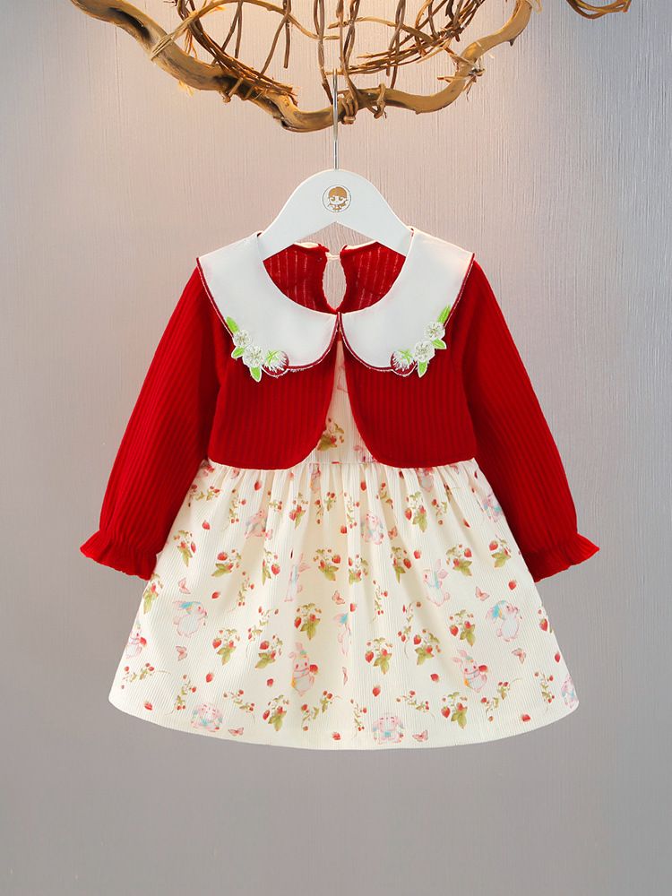 Girls' Set Baby Princess Dress Round Neck Dress Lapel Long Sleeved Top Pleated Skirt Butterfly Print Bow Rabbit Animal Pattern Comfortable And Cute Style