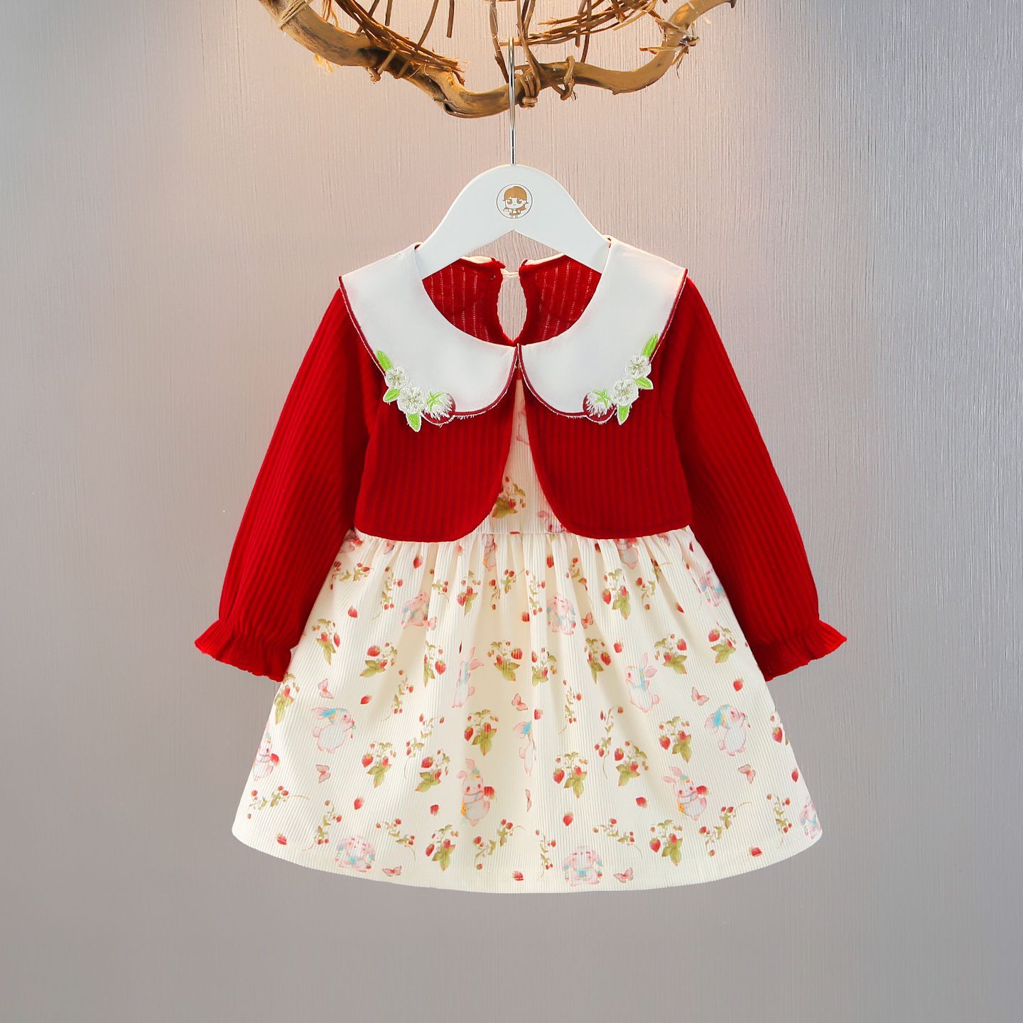Girls' Set Baby Princess Dress Round Neck Dress Lapel Long Sleeved Top Pleated Skirt Butterfly Print Bow Rabbit Animal Pattern Comfortable And Cute Style