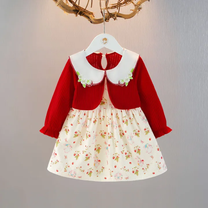 Girls' Set Baby Princess Dress Round Neck Dress Lapel Long Sleeved Top Pleated Skirt Butterfly Print Bow Rabbit Animal Pattern Comfortable And Cute Style