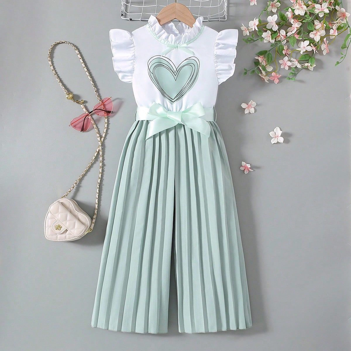 Girls' Set White Shirt Top Pleated Cropped Pants Jumpsuit Pants Round Neck Lace Heart Print Bow Tie Waist Belt Flying Sleeves Pleated Wide Leg Pants