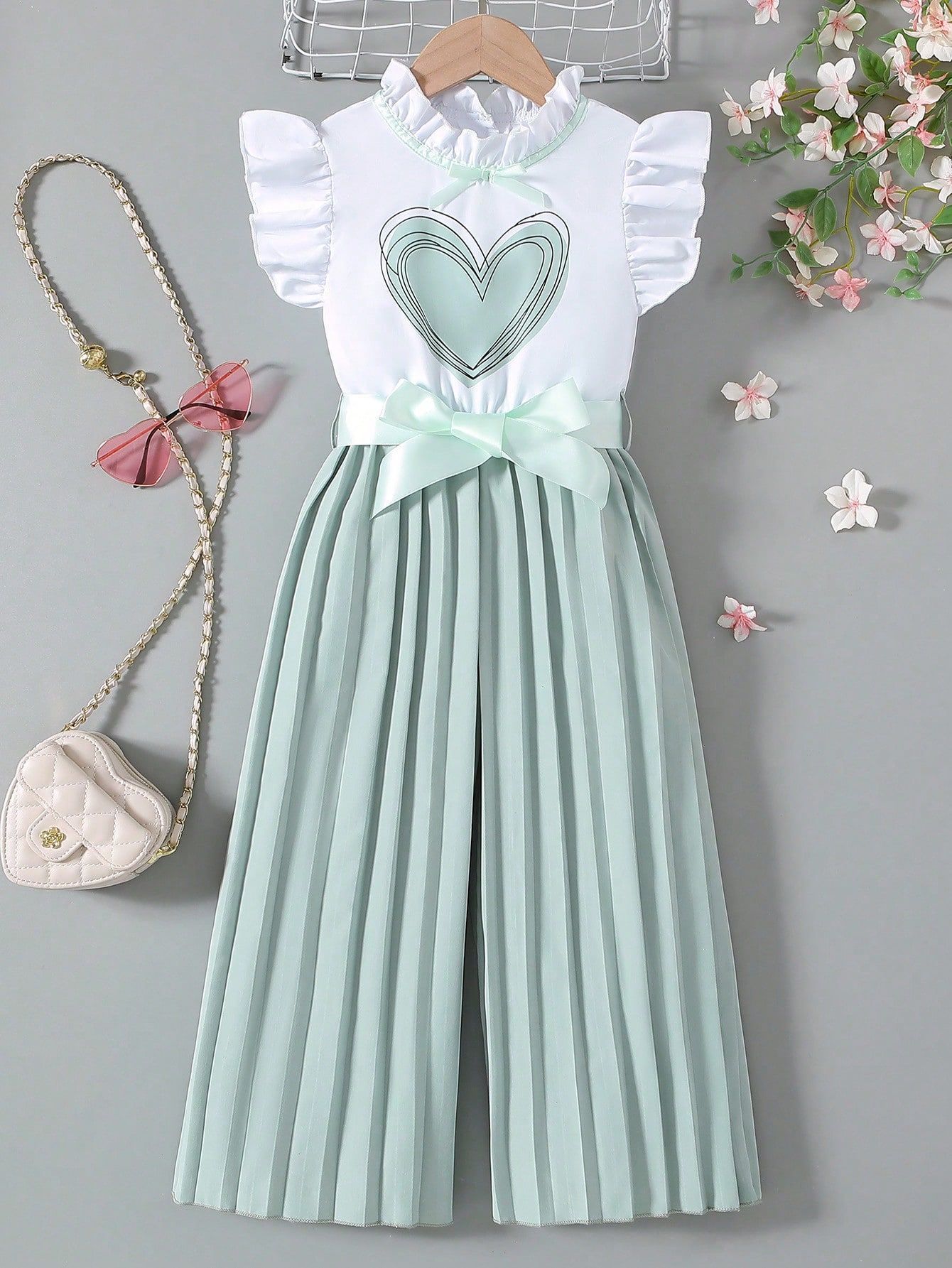 Girls' Set White Shirt Top Pleated Cropped Pants Jumpsuit Pants Round Neck Lace Heart Print Bow Tie Waist Belt Flying Sleeves Pleated Wide Leg Pants