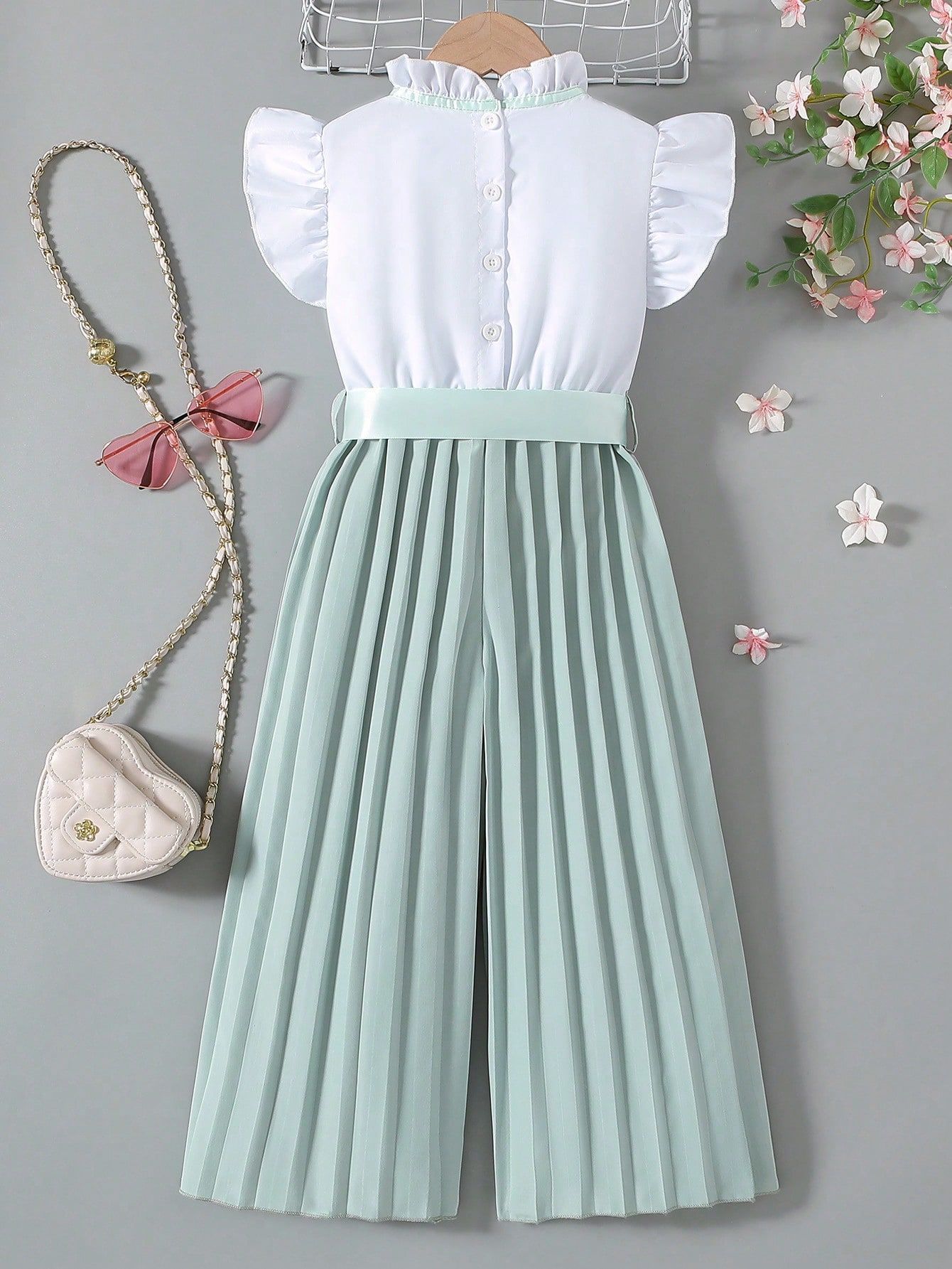Girls' Set White Shirt Top Pleated Cropped Pants Jumpsuit Pants Round Neck Lace Heart Print Bow Tie Waist Belt Flying Sleeves Pleated Wide Leg Pants