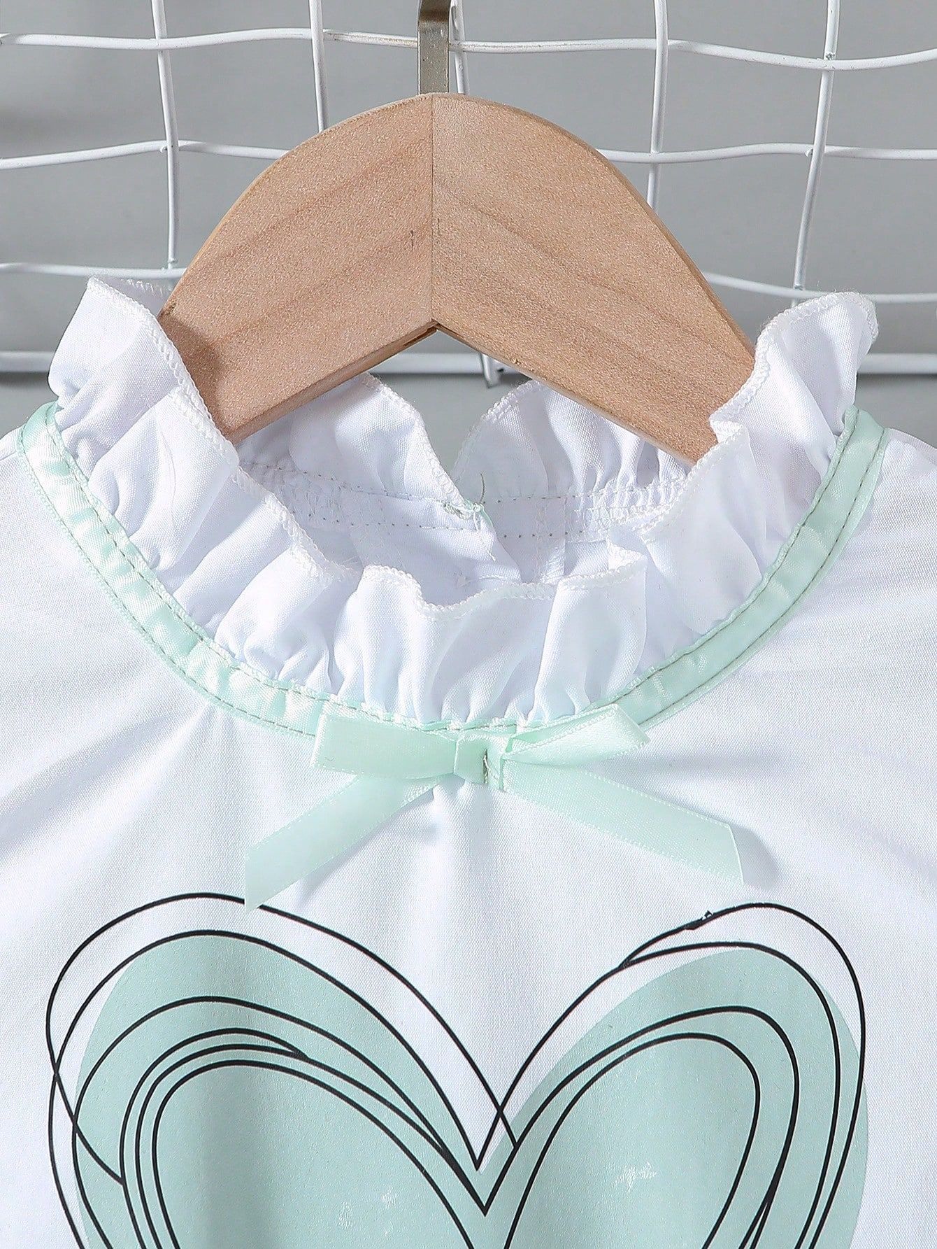 Girls' Set White Shirt Top Pleated Cropped Pants Jumpsuit Pants Round Neck Lace Heart Print Bow Tie Waist Belt Flying Sleeves Pleated Wide Leg Pants