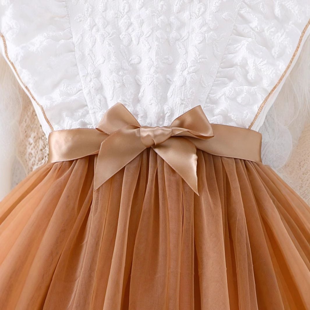 Girls' Set Patchwork Dress Bow Belt Round Neck Sleeveless Bow Collar Mesh Pleated Skirt Birthday Gift Design Sense INS Style