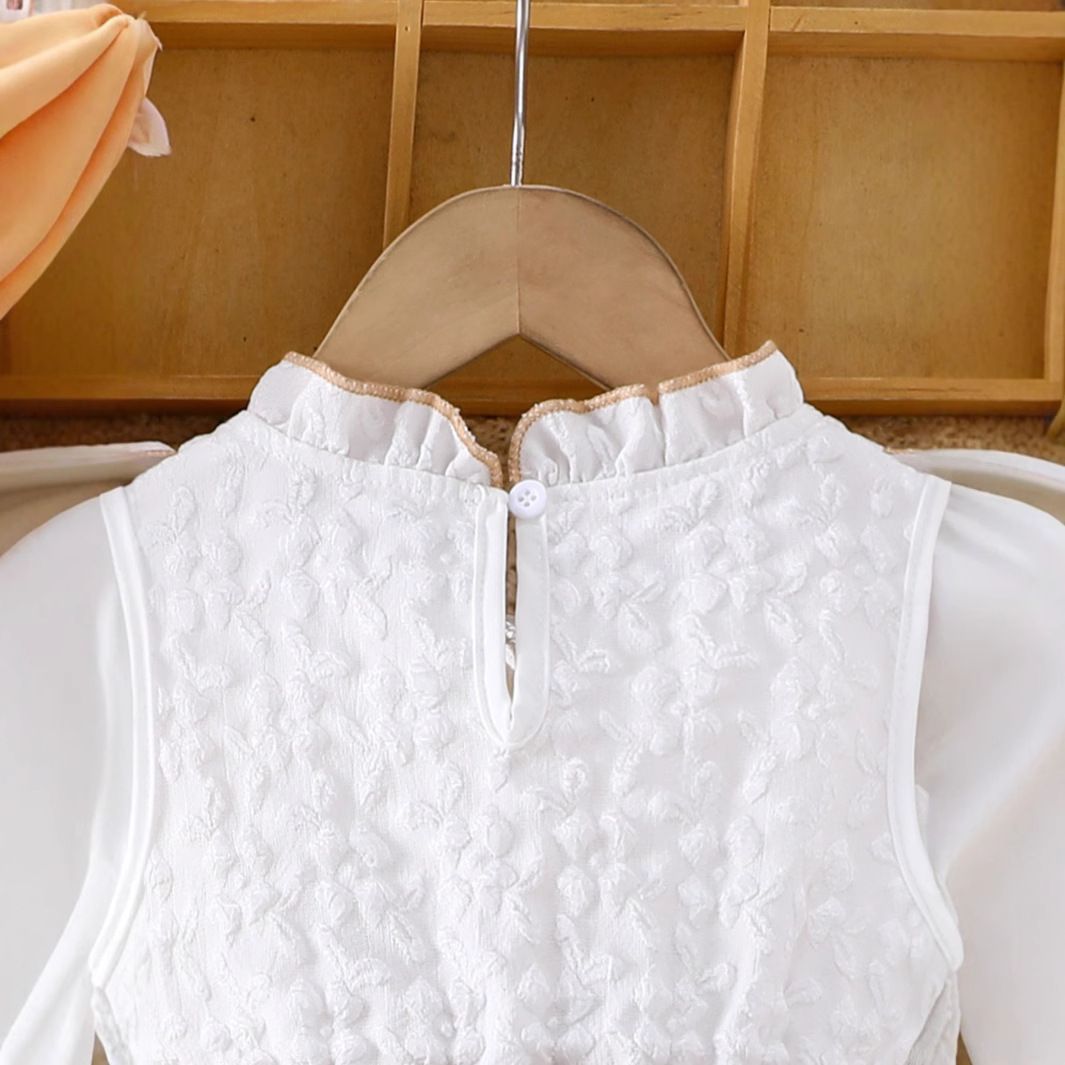 Girls' Set Patchwork Dress Bow Belt Round Neck Sleeveless Bow Collar Mesh Pleated Skirt Birthday Gift Design Sense INS Style