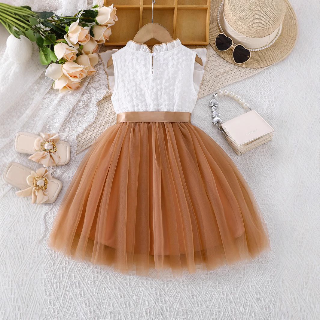 Girls' Set Patchwork Dress Bow Belt Round Neck Sleeveless Bow Collar Mesh Pleated Skirt Birthday Gift Design Sense INS Style