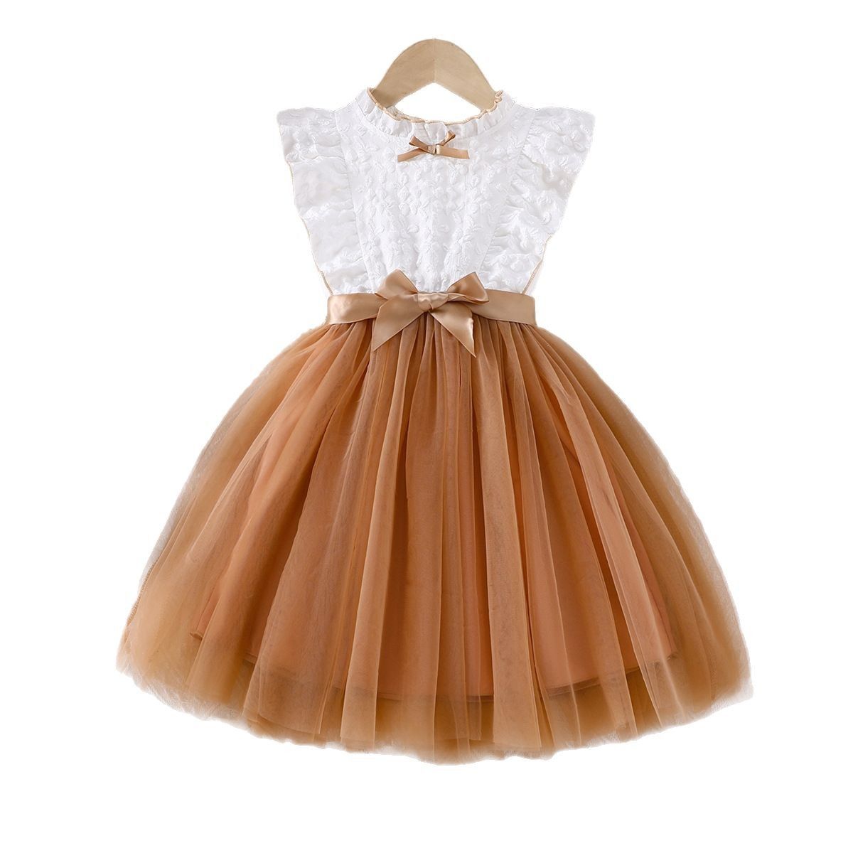 Girls' Set Patchwork Dress Bow Belt Round Neck Sleeveless Bow Collar Mesh Pleated Skirt Birthday Gift Design Sense INS Style