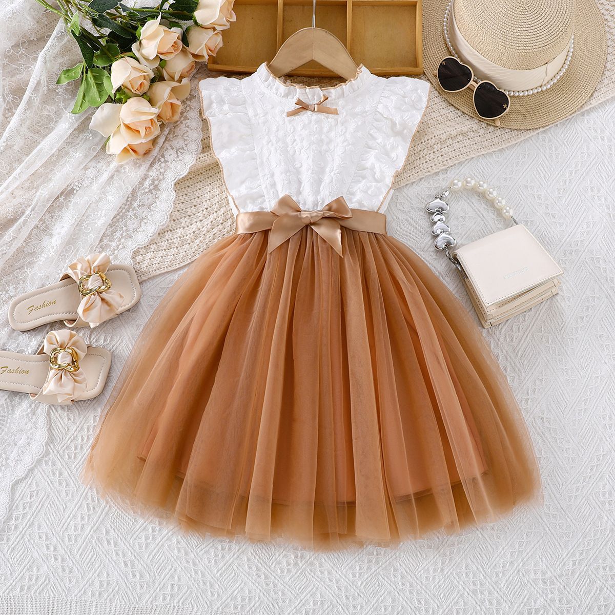 Girls' Set Patchwork Dress Bow Belt Round Neck Sleeveless Bow Collar Mesh Pleated Skirt Birthday Gift Design Sense INS Style
