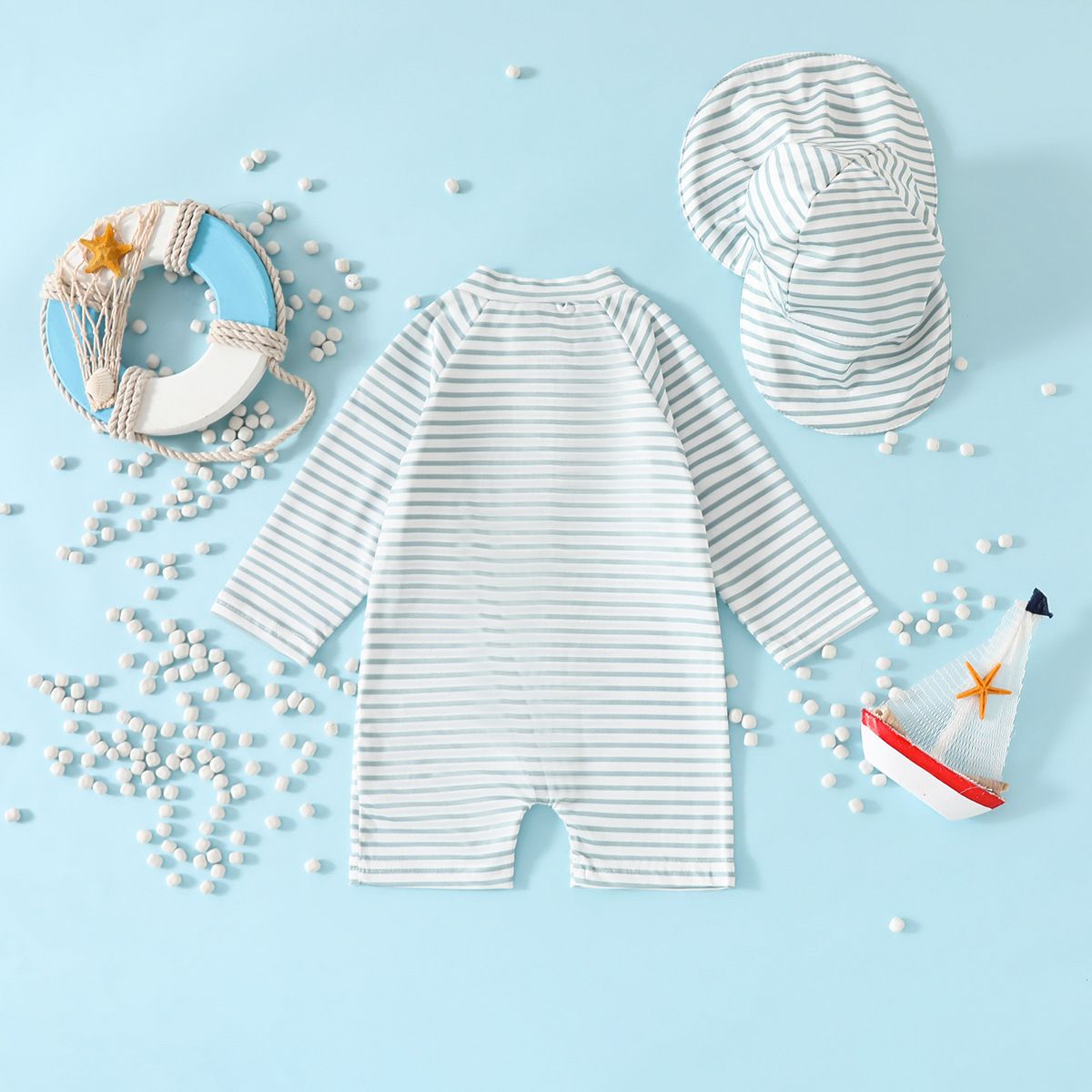 Baby Swimwear Set 2-Piece Toddler Quick-Dry Swimsuit For 0-3 Years Long Sleeve One-Piece With Hat Fashion New Style Striped Crew Neck Starfish Print