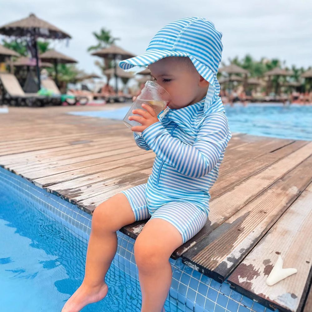 Baby Swimwear Set 2-Piece Toddler Quick-Dry Swimsuit For 0-3 Years Long Sleeve One-Piece With Hat Fashion New Style Striped Crew Neck Starfish Print