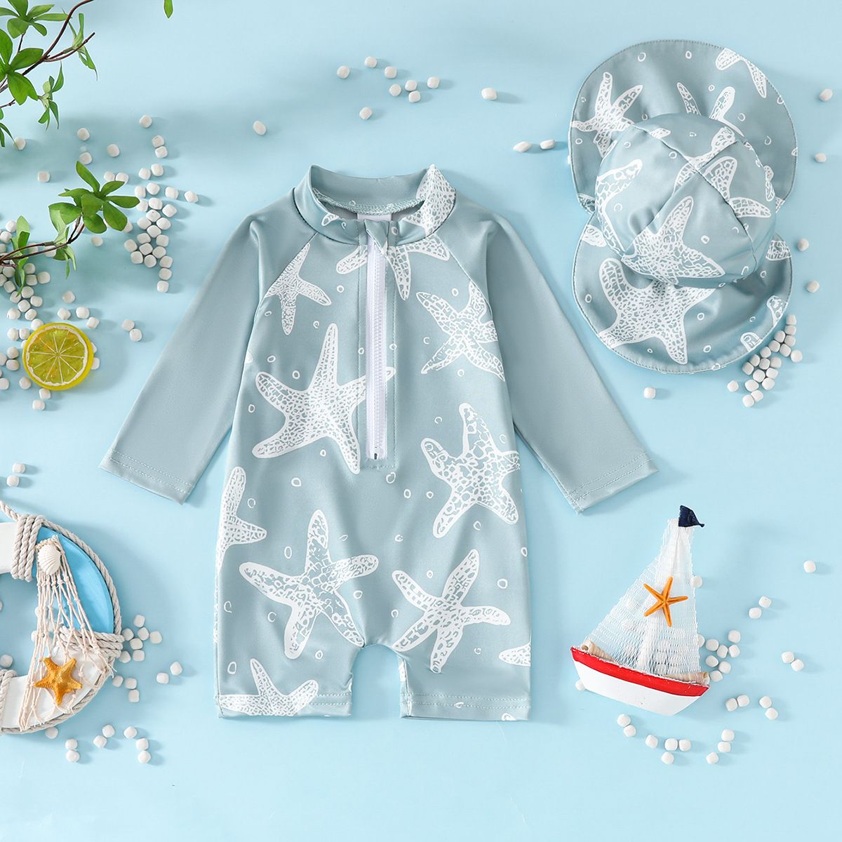 Baby Swimwear Set 2-Piece Toddler Quick-Dry Swimsuit For 0-3 Years Long Sleeve One-Piece With Hat Fashion New Style Striped Crew Neck Starfish Print