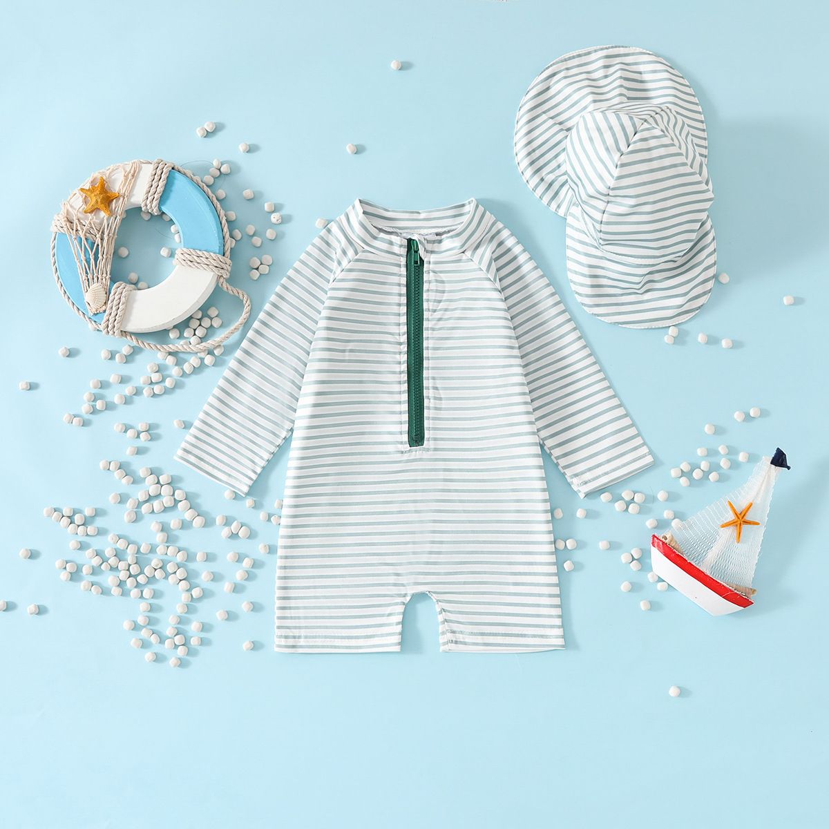 Baby Swimwear Set 2-Piece Toddler Quick-Dry Swimsuit For 0-3 Years Long Sleeve One-Piece With Hat Fashion New Style Striped Crew Neck Starfish Print
