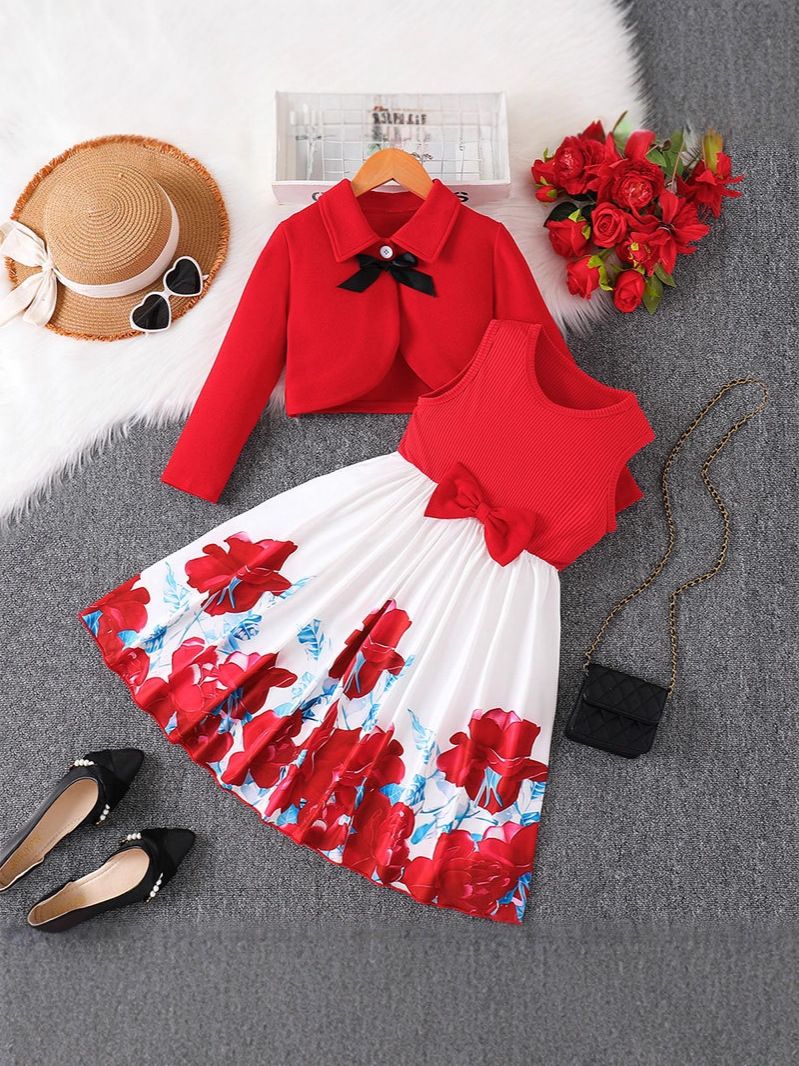Children's Clothing Set 2-Piece New Fashion Cardigan Long Sleeved Jacket Casual Long Skirt Bow Tie Red Patchwork Print Vest Dress