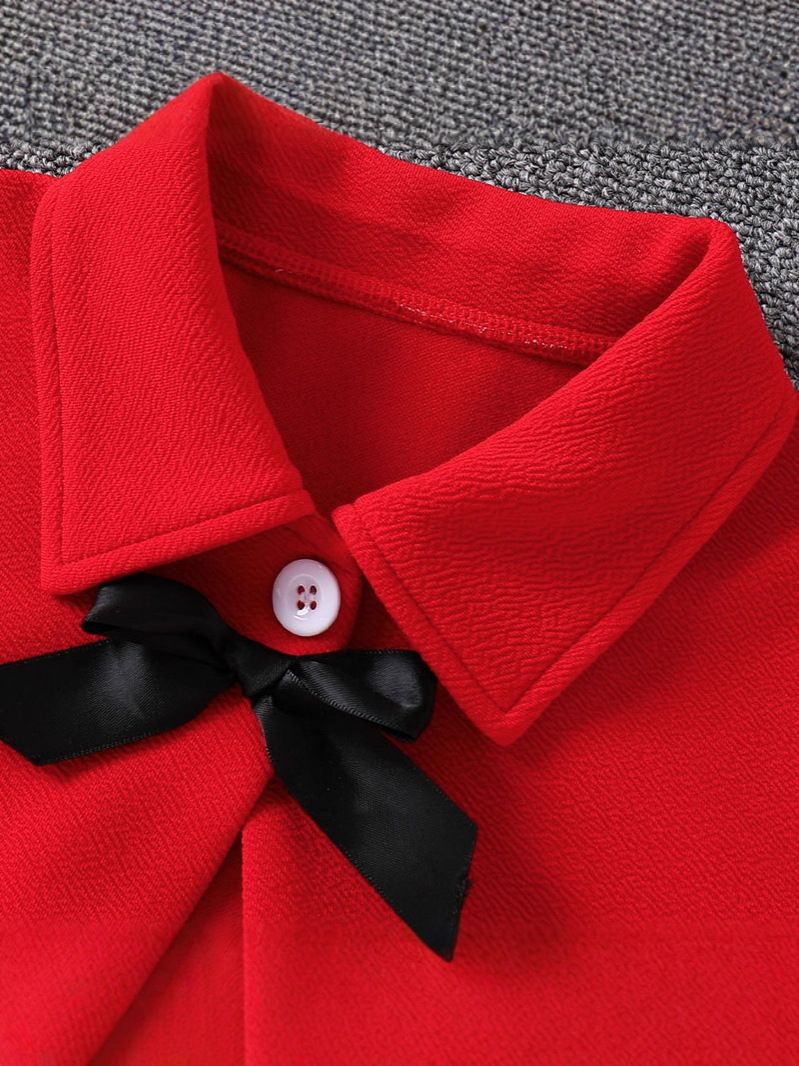 Children's Clothing Set 2-Piece New Fashion Cardigan Long Sleeved Jacket Casual Long Skirt Bow Tie Red Patchwork Print Vest Dress