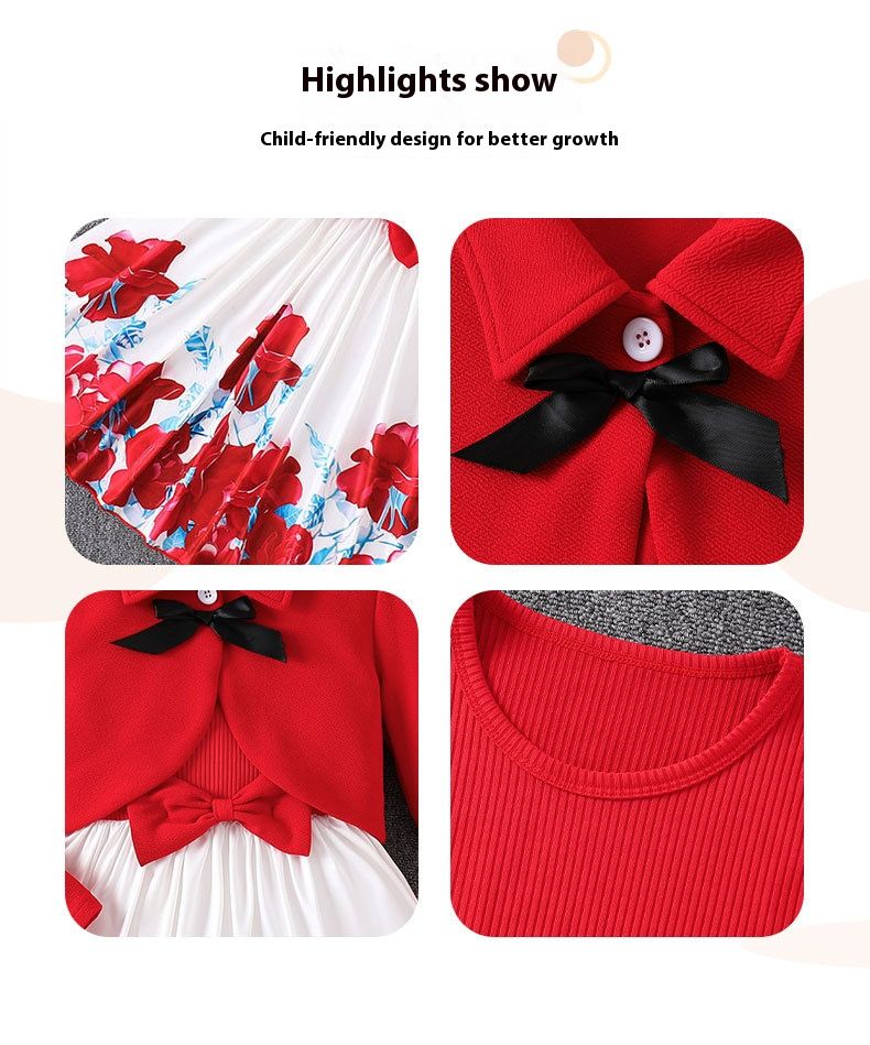 Children's Clothing Set 2-Piece New Fashion Cardigan Long Sleeved Jacket Casual Long Skirt Bow Tie Red Patchwork Print Vest Dress