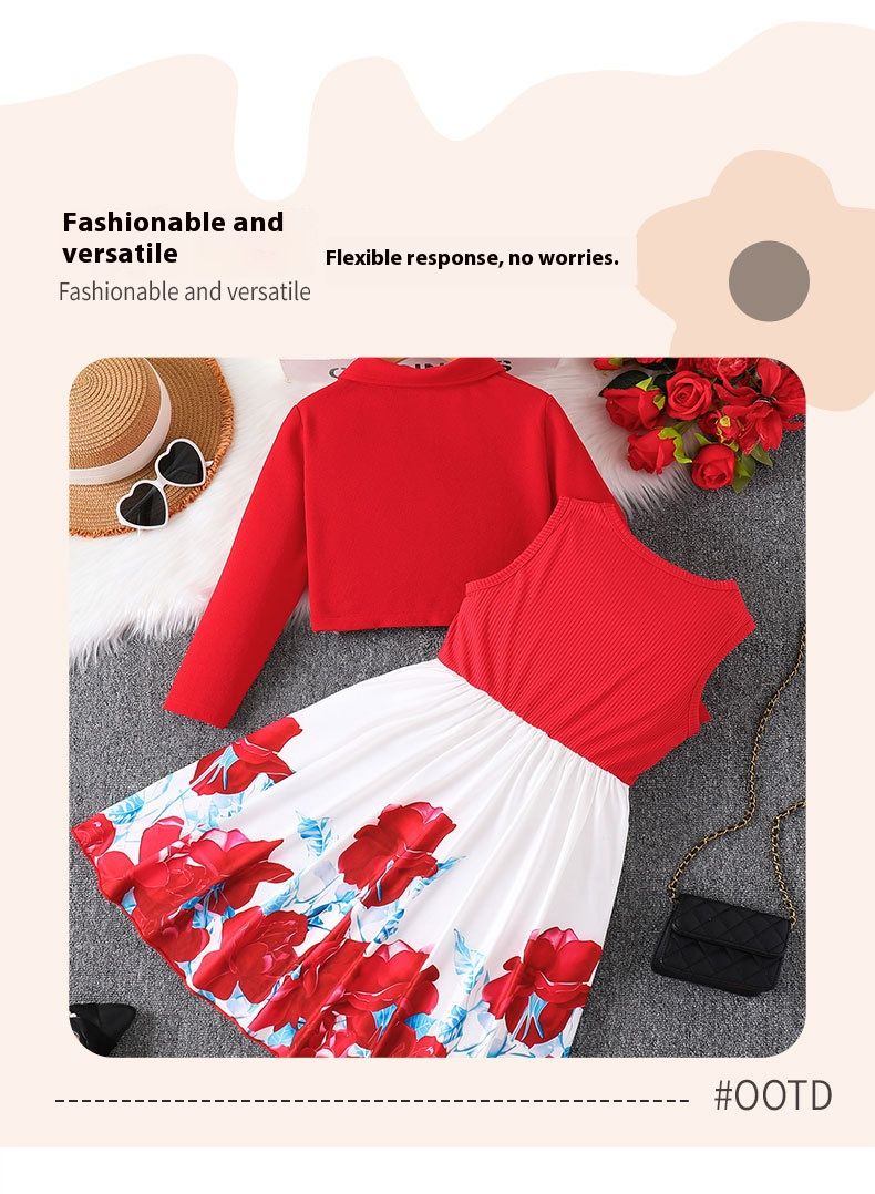 Children's Clothing Set 2-Piece New Fashion Cardigan Long Sleeved Jacket Casual Long Skirt Bow Tie Red Patchwork Print Vest Dress