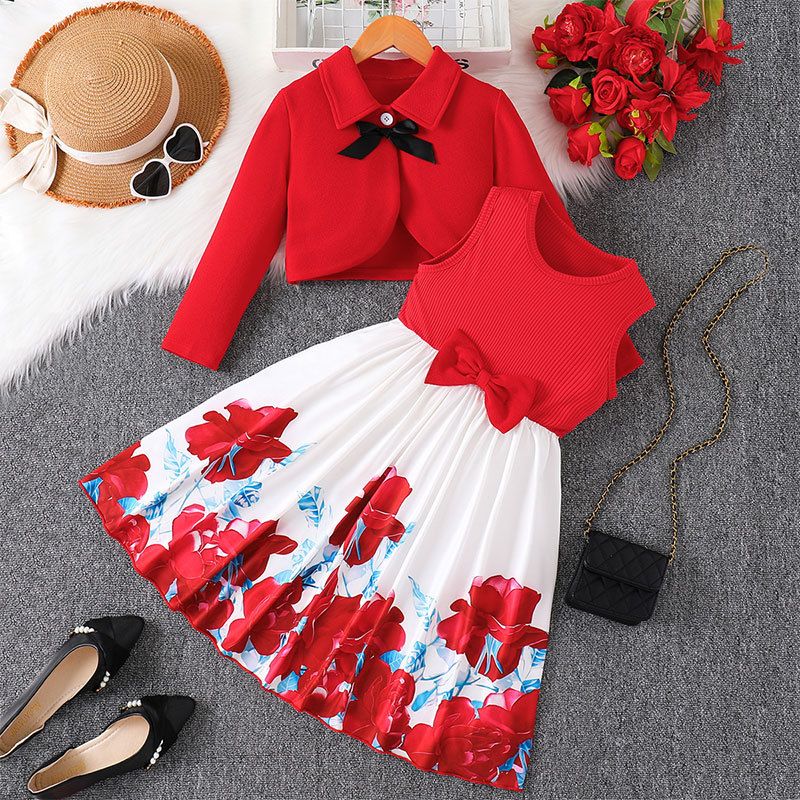 Children's Clothing Set 2-Piece New Fashion Cardigan Long Sleeved Jacket Casual Long Skirt Bow Tie Red Patchwork Print Vest Dress