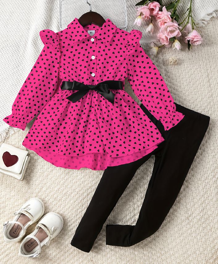 Women's 2-Piece Clothing Set New Fashion Bow Tie Heart Print Lapel Long Sleeved Top & Skirt Integrated Set Casual Tight Pants Soft And Comfortable