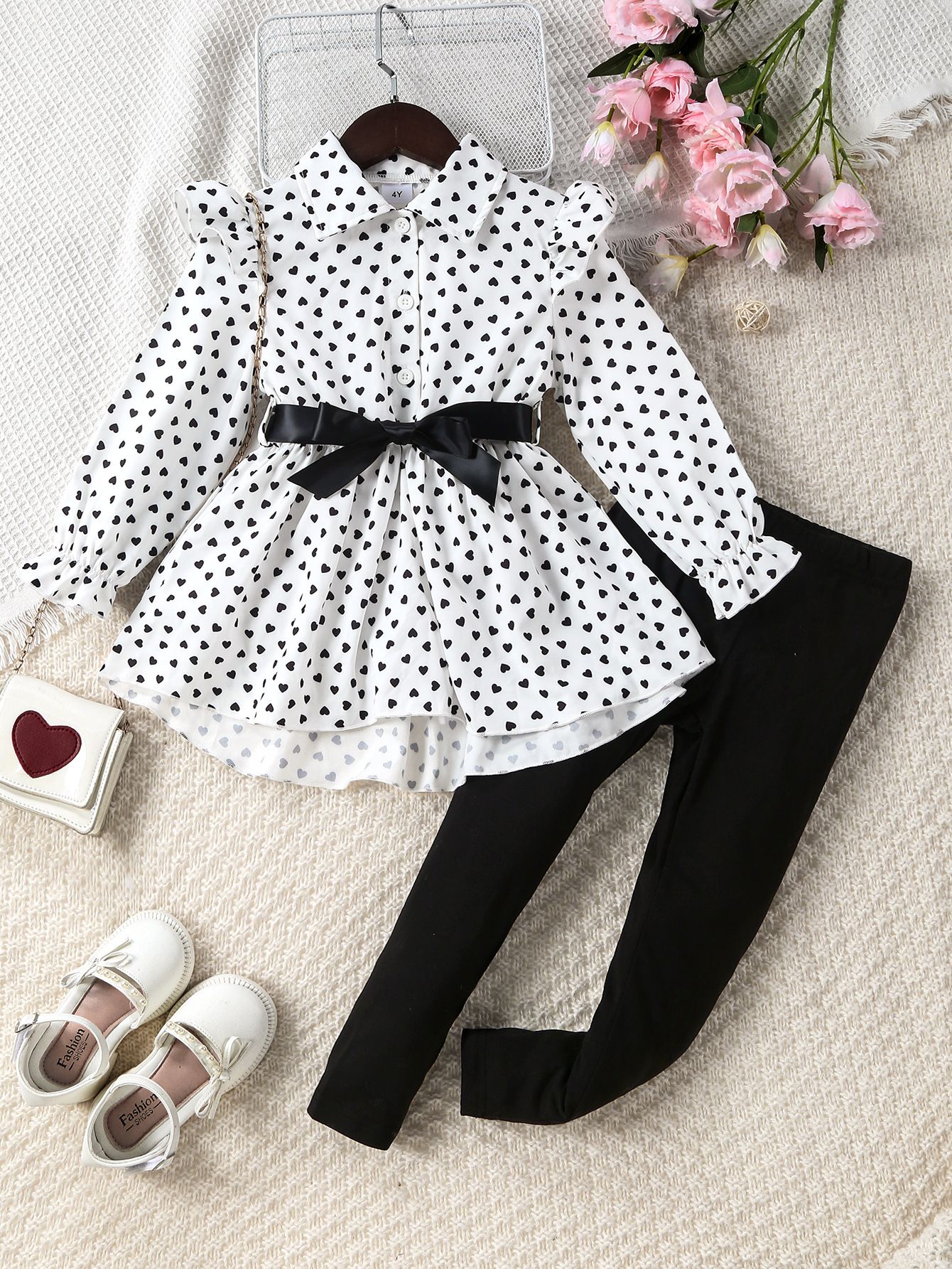 Women's 2-Piece Clothing Set New Fashion Bow Tie Heart Print Lapel Long Sleeved Top & Skirt Integrated Set Casual Tight Pants Soft And Comfortable