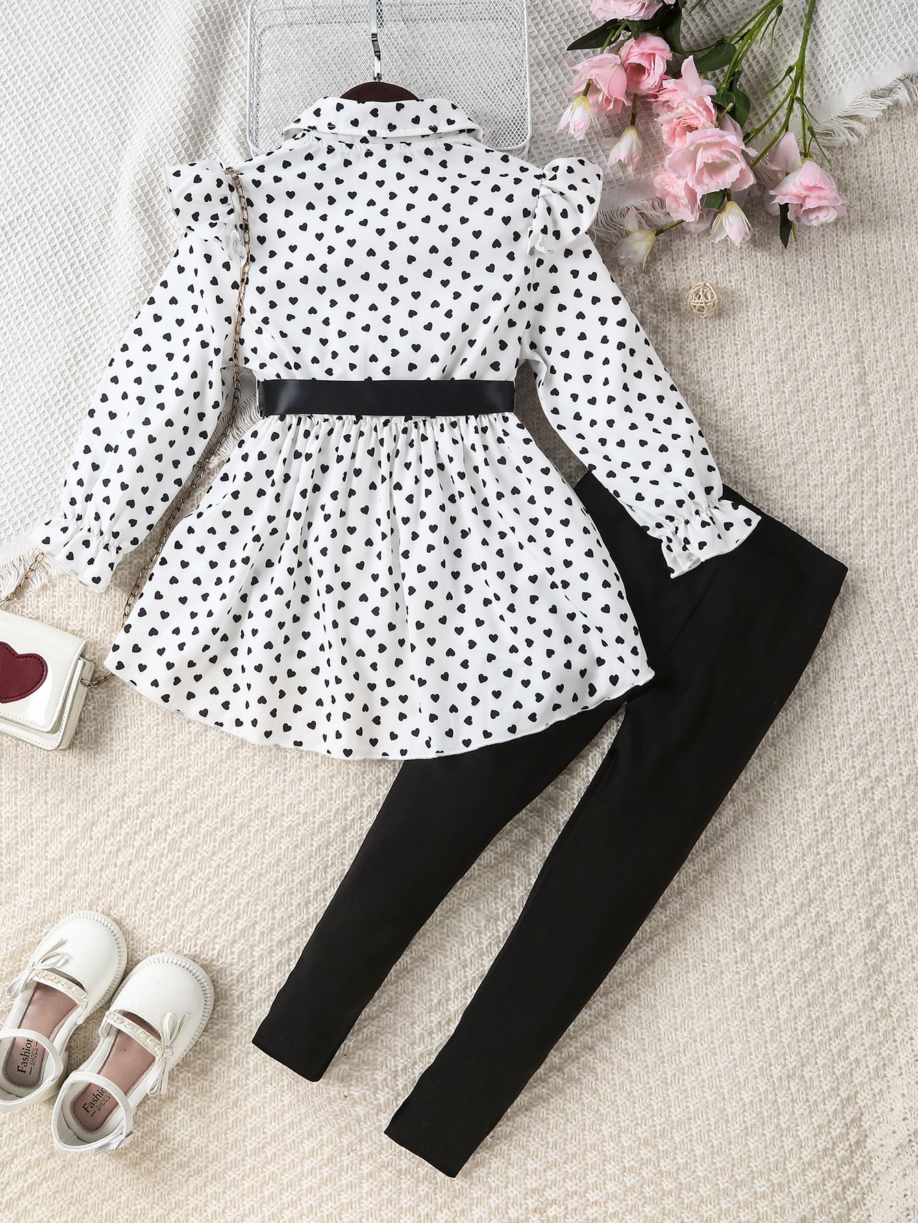 Women's 2-Piece Clothing Set New Fashion Bow Tie Heart Print Lapel Long Sleeved Top & Skirt Integrated Set Casual Tight Pants Soft And Comfortable
