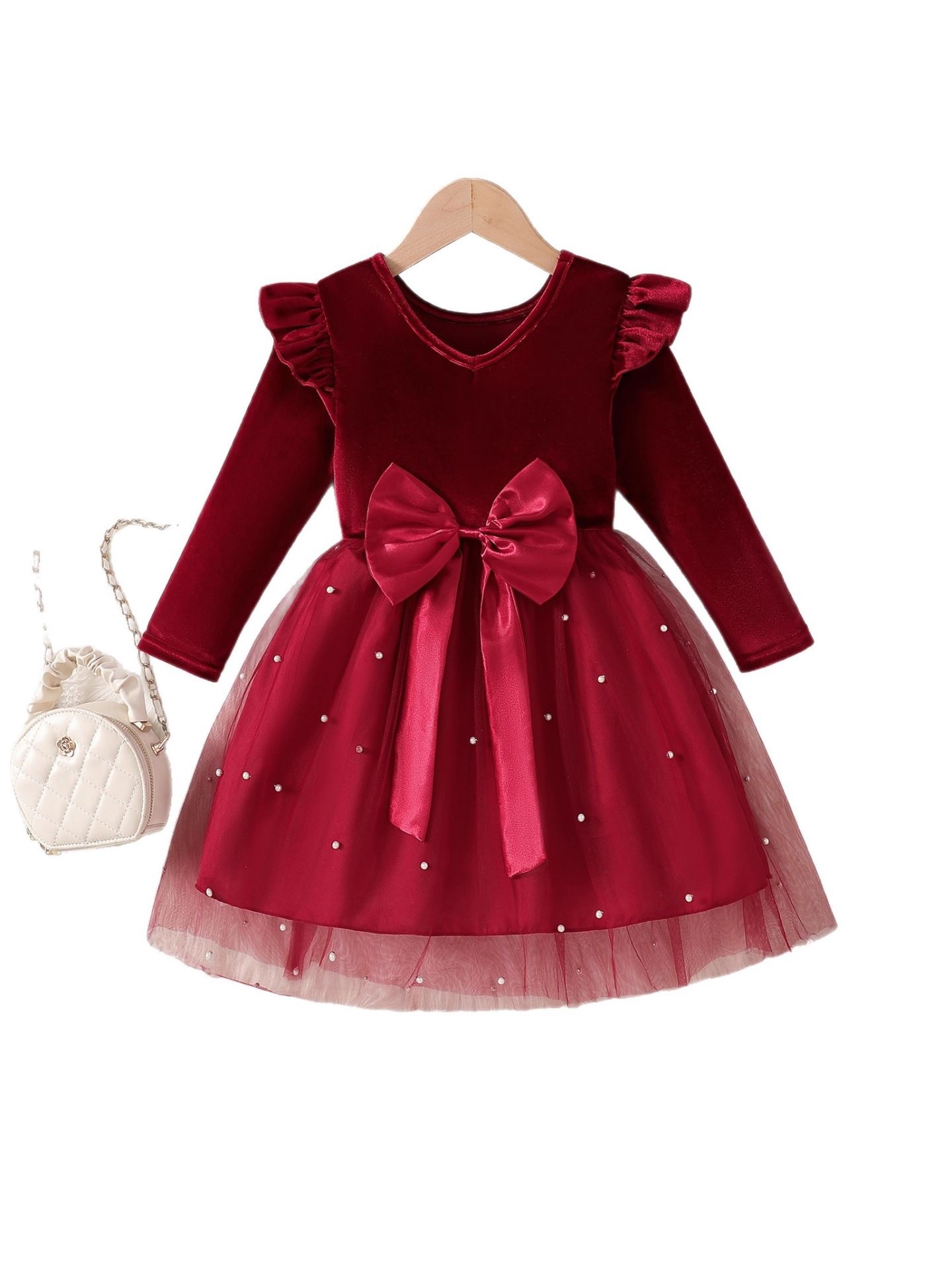Girls' Dress For 3-10 Years Bow Long Sleeve Patchwork Long Tulle Dress Butterfly Sleeves Fashion New Style Princess Dress Autumn Versatile