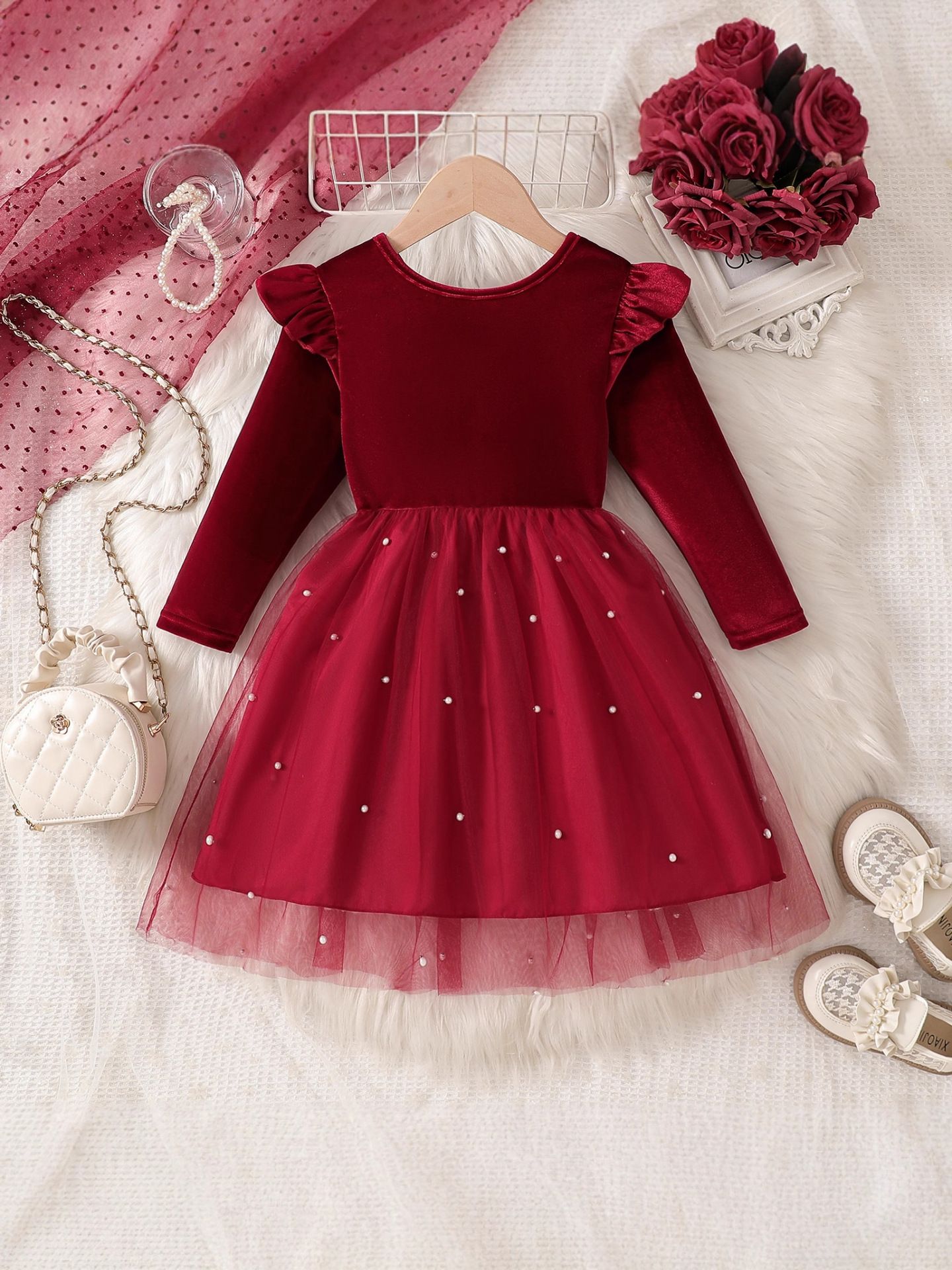 Girls' Dress For 3-10 Years Bow Long Sleeve Patchwork Long Tulle Dress Butterfly Sleeves Fashion New Style Princess Dress Autumn Versatile