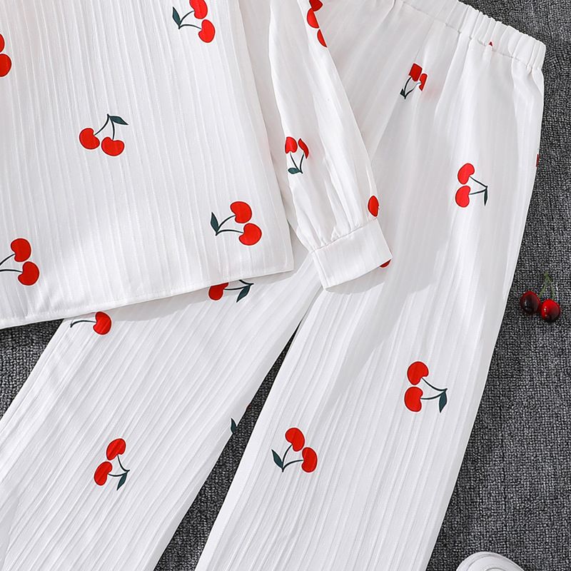 Girls' Clothing Set 3-Piece For 8-12 Years Cherry Print Lapel Long Sleeved Top Jacket Camisole Liner Casual Pants Fashion New Style