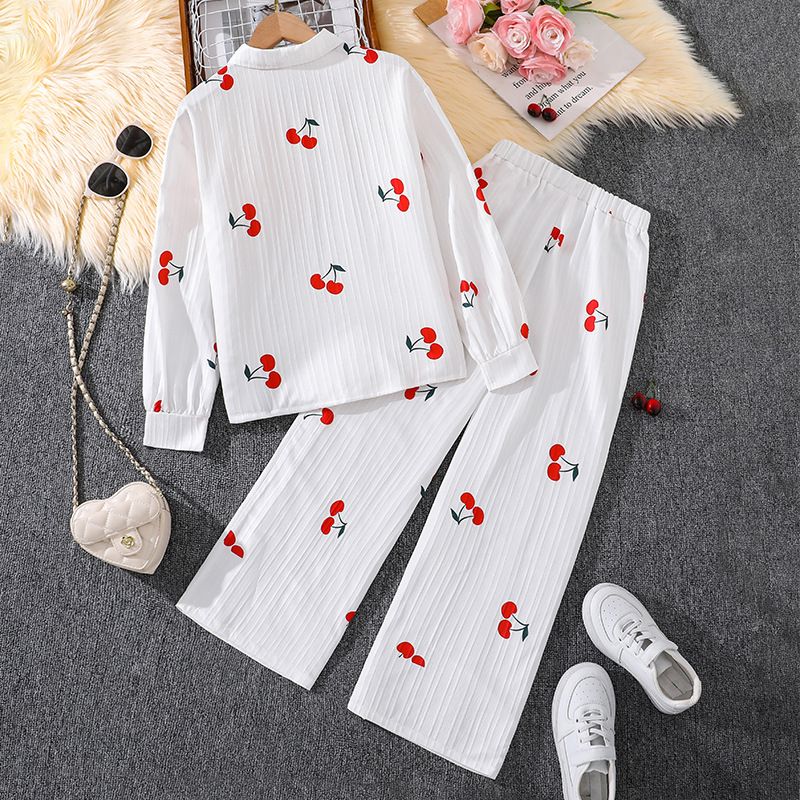 Girls' Clothing Set 3-Piece For 8-12 Years Cherry Print Lapel Long Sleeved Top Jacket Camisole Liner Casual Pants Fashion New Style