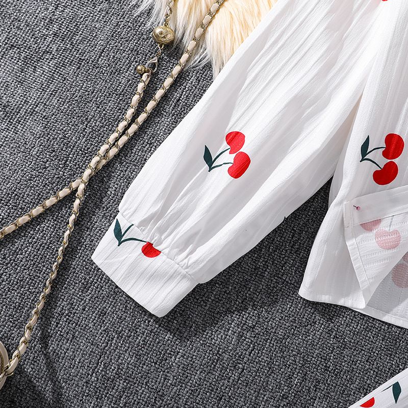 Girls' Clothing Set 3-Piece For 8-12 Years Cherry Print Lapel Long Sleeved Top Jacket Camisole Liner Casual Pants Fashion New Style