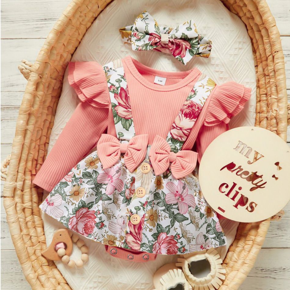 Baby Romper Infant Onesies Toddler Jumpsuit With Bow Suspender Skirt Printed Letter Pattern "Mom Dad Baby" Text Breathable Comfortable For 0-18 Months 3 PCS Set