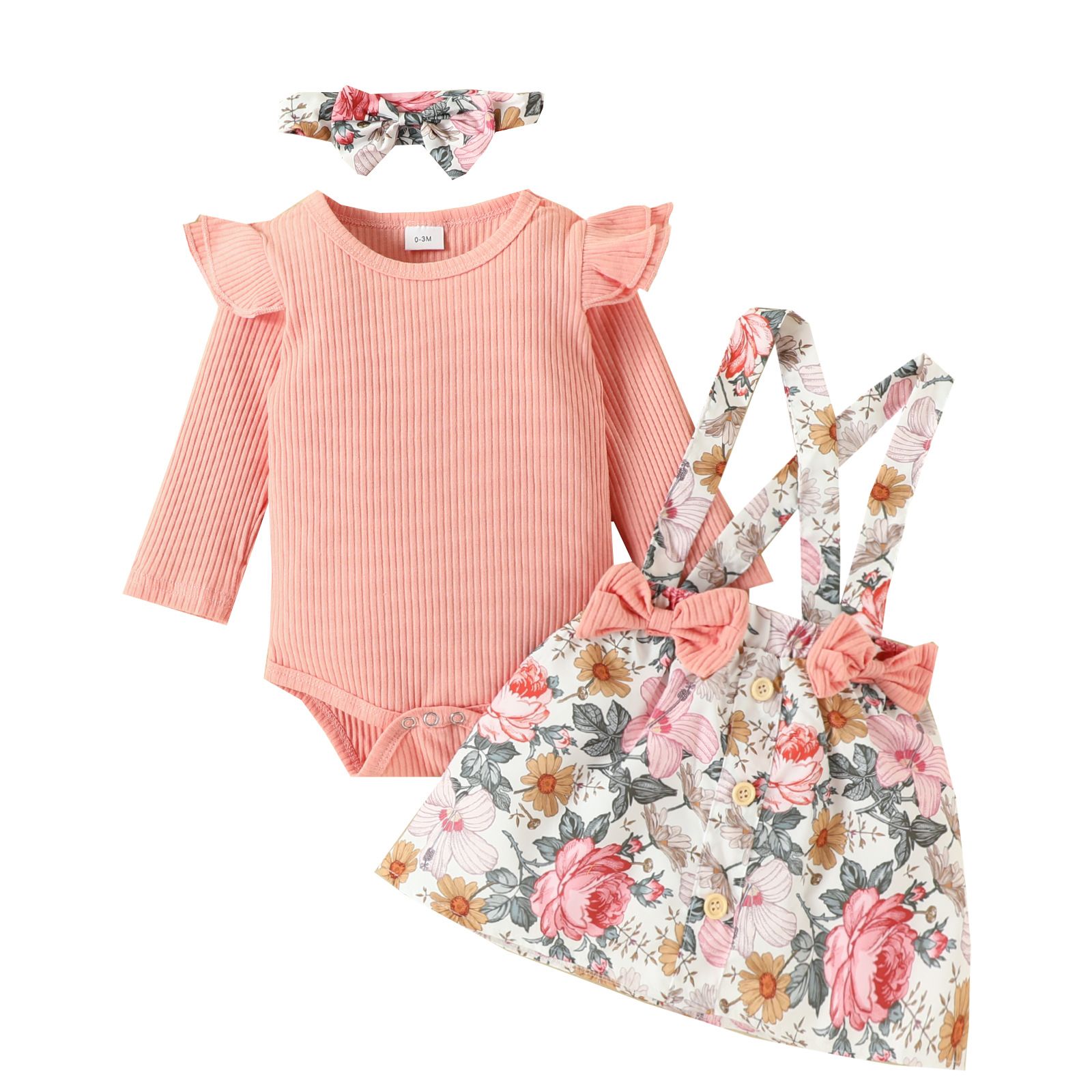 Baby Romper Infant Onesies Toddler Jumpsuit With Bow Suspender Skirt Printed Letter Pattern "Mom Dad Baby" Text Breathable Comfortable For 0-18 Months 3 PCS Set
