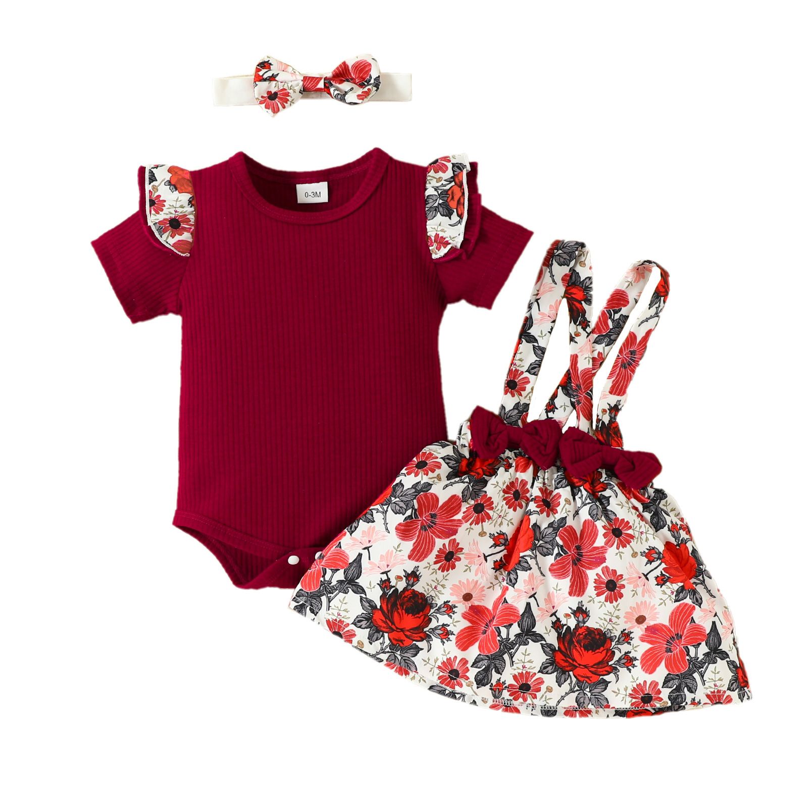 Baby Romper Infant Onesies Toddler Jumpsuit With Bow Suspender Skirt Printed Letter Pattern "Mom Dad Baby" Text Breathable Comfortable For 0-18 Months 3 PCS Set