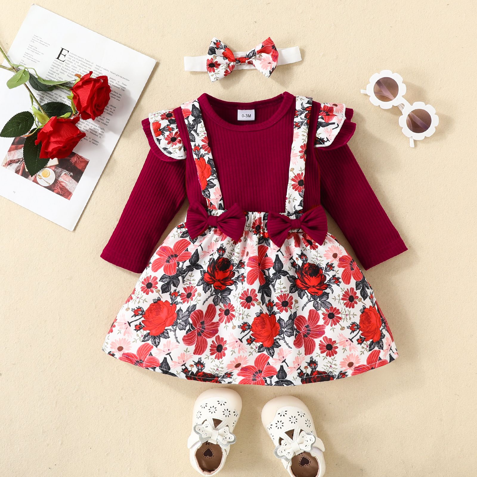 Baby Romper Infant Onesies Toddler Jumpsuit With Bow Suspender Skirt Printed Letter Pattern "Mom Dad Baby" Text Breathable Comfortable For 0-18 Months 3 PCS Set