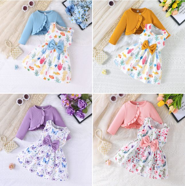 Girls' 2-Piece Outfit Set Camisole Princess Dress Round Neck Long Sleeve Top Bow Bow Belt Fashion New Style Stylish Design Birthday Holiday Gift