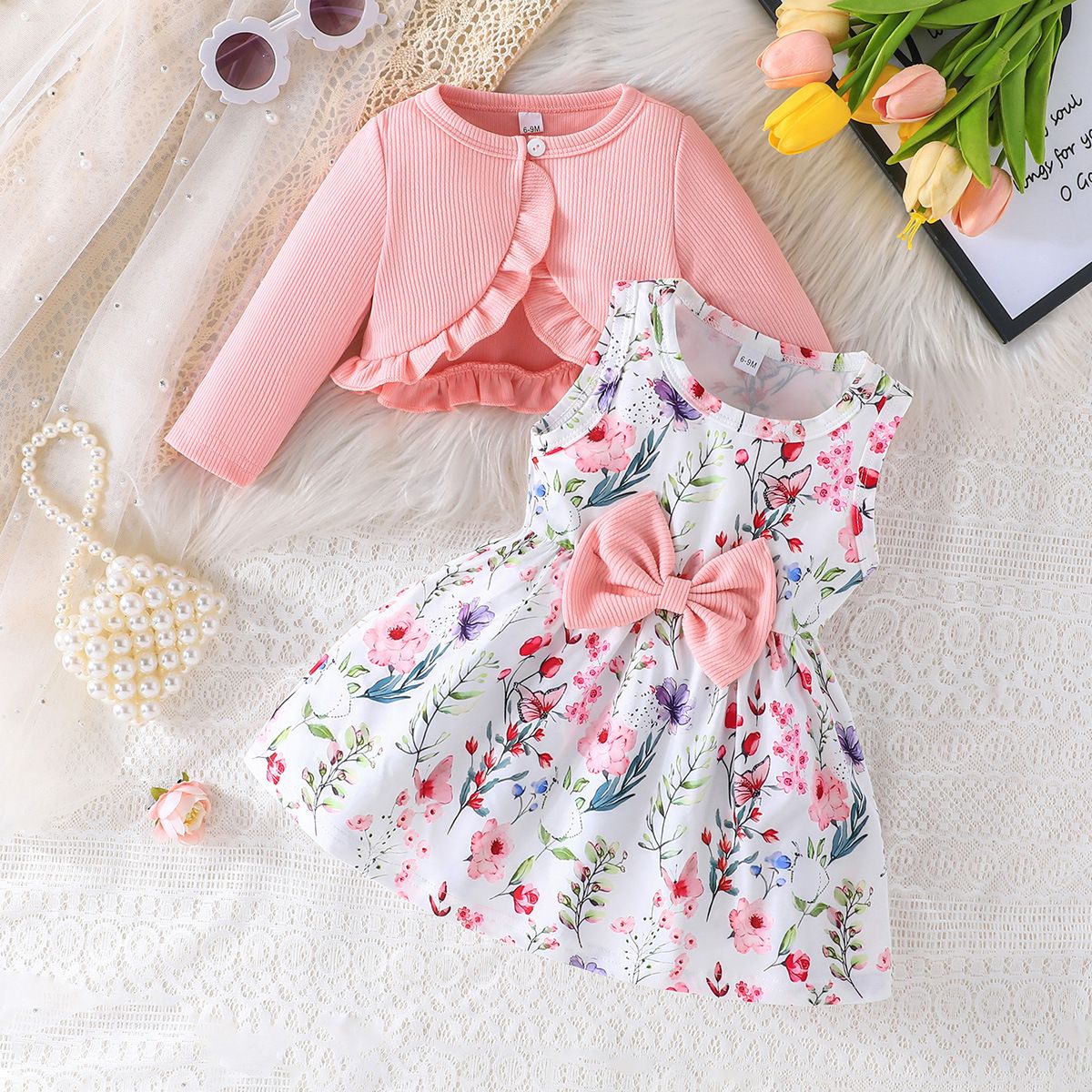 Girls' 2-Piece Outfit Set Camisole Princess Dress Round Neck Long Sleeve Top Bow Bow Belt Fashion New Style Stylish Design Birthday Holiday Gift