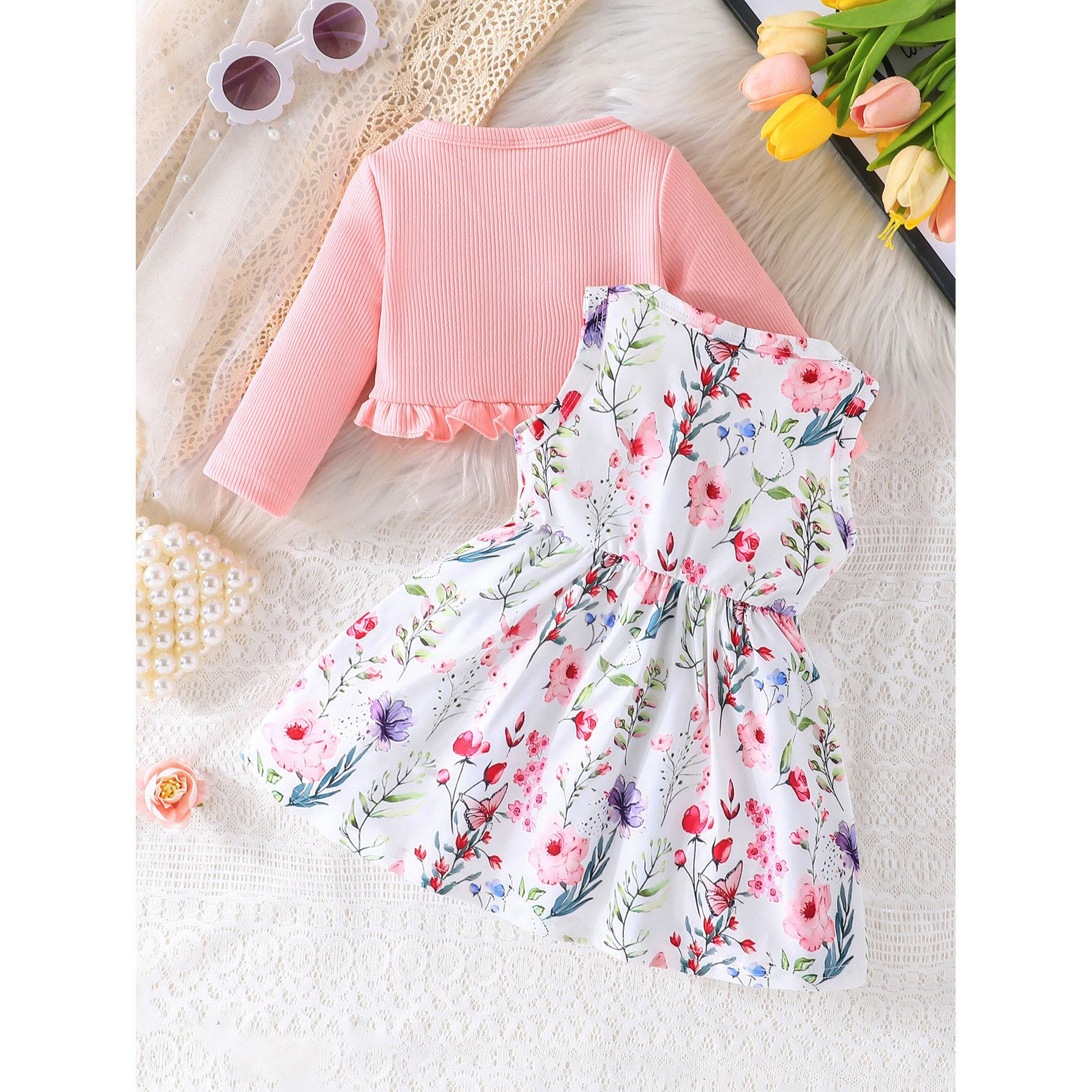 Girls' 2-Piece Outfit Set Camisole Princess Dress Round Neck Long Sleeve Top Bow Bow Belt Fashion New Style Stylish Design Birthday Holiday Gift