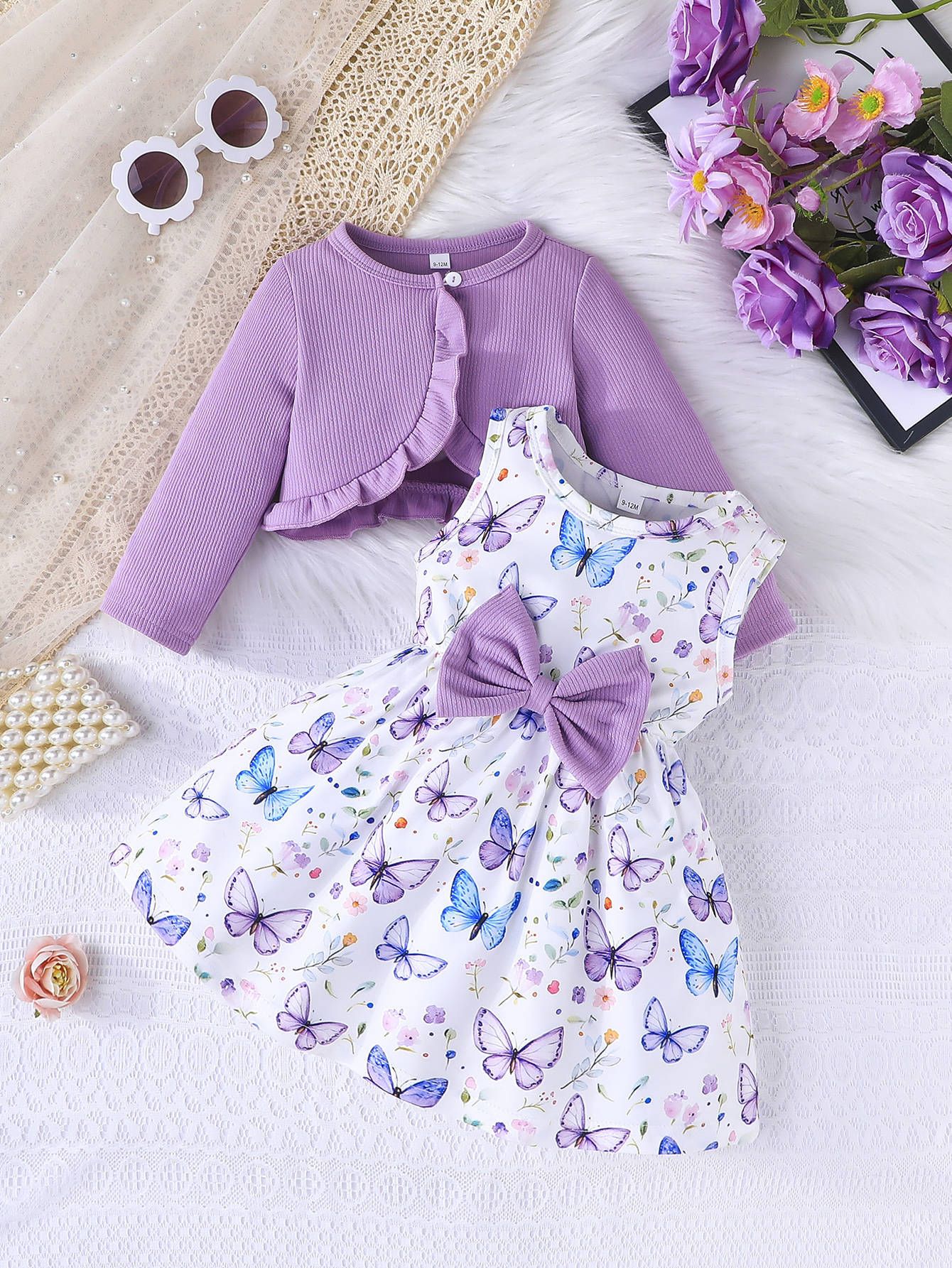 Girls' 2-Piece Outfit Set Camisole Princess Dress Round Neck Long Sleeve Top Bow Bow Belt Fashion New Style Stylish Design Birthday Holiday Gift