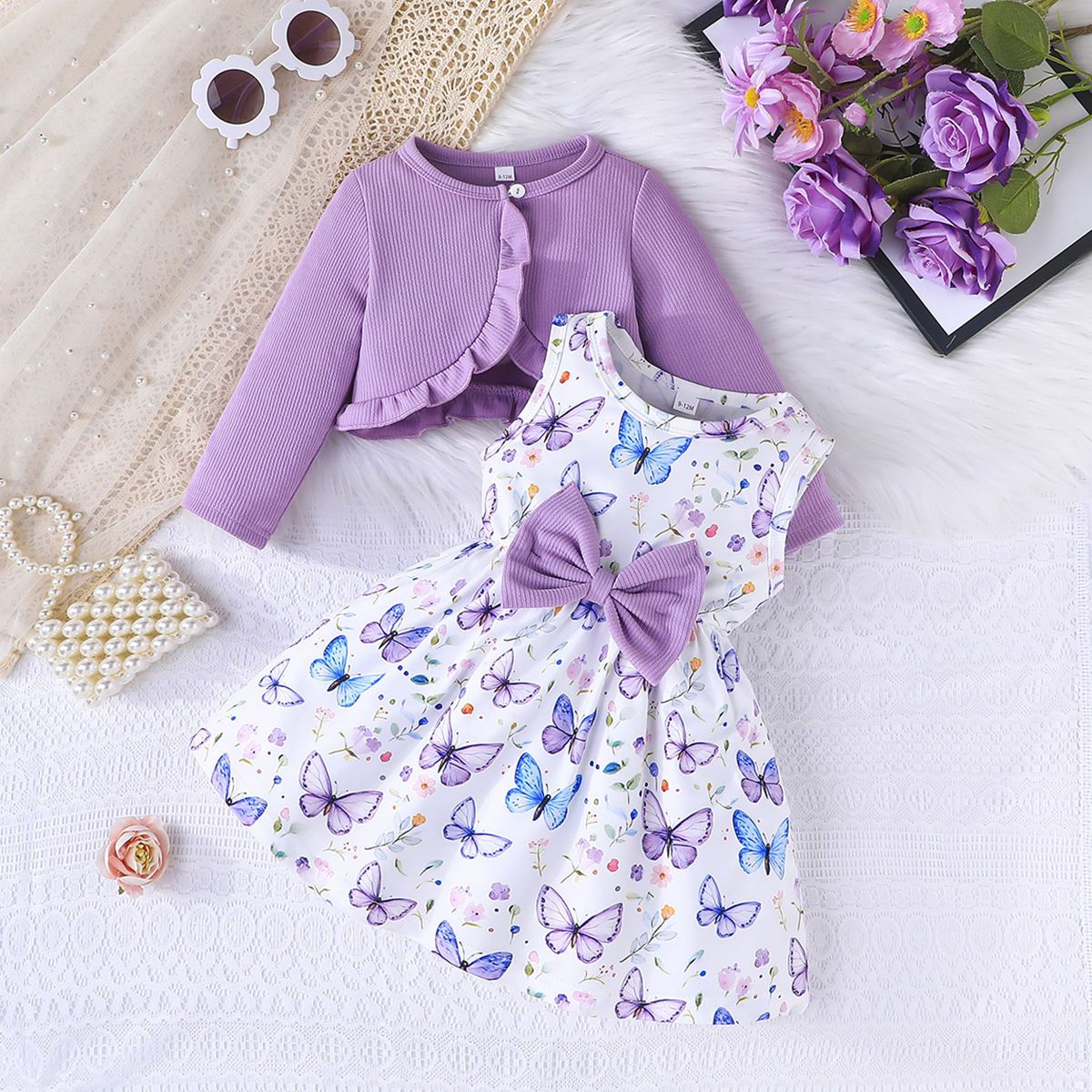 Girls' 2-Piece Outfit Set Camisole Princess Dress Round Neck Long Sleeve Top Bow Bow Belt Fashion New Style Stylish Design Birthday Holiday Gift