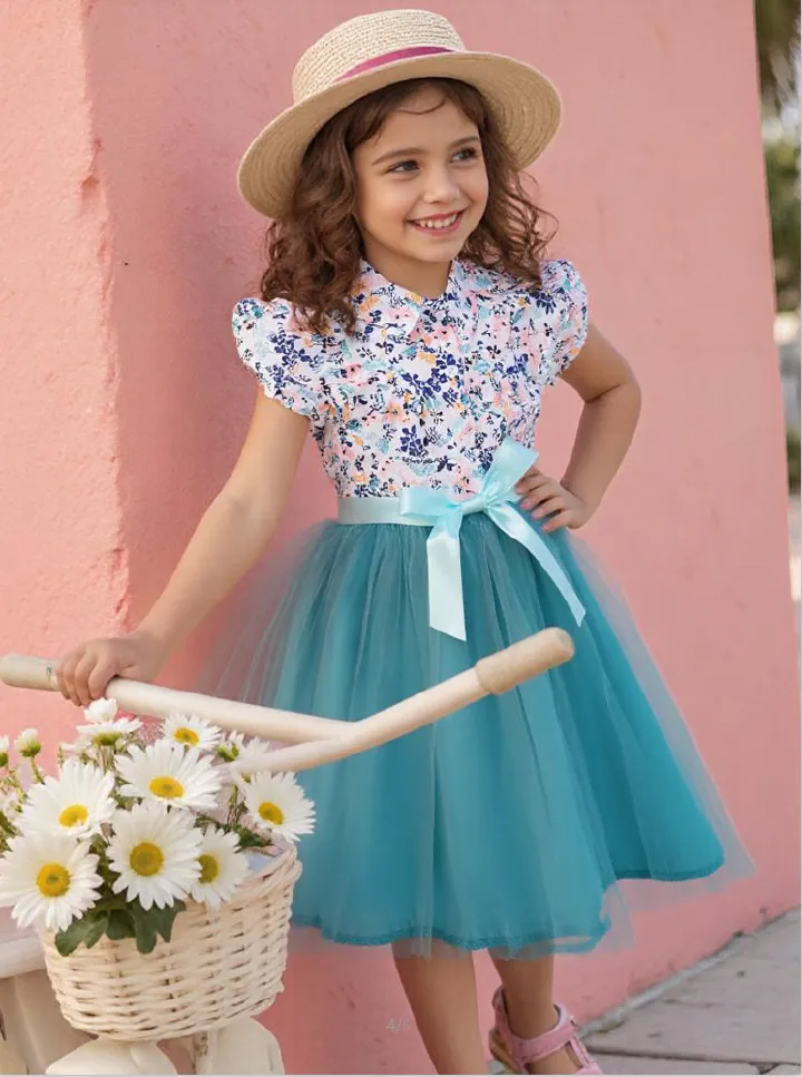 Girls' Dress Set Floral Tulle Princess Dress Bow Lapel Ruffle With Belt Tulle Dress Fashion New Style Stylish Design Birthday Holiday Gift